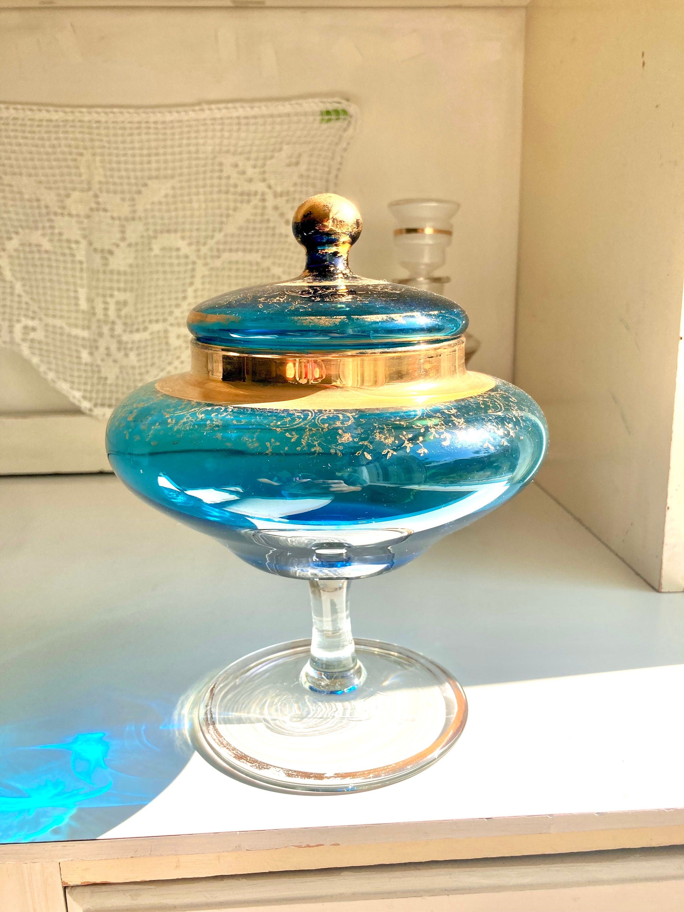 Vintage Blown Glass Vessels – Blue Hues, Gold Trim Decor