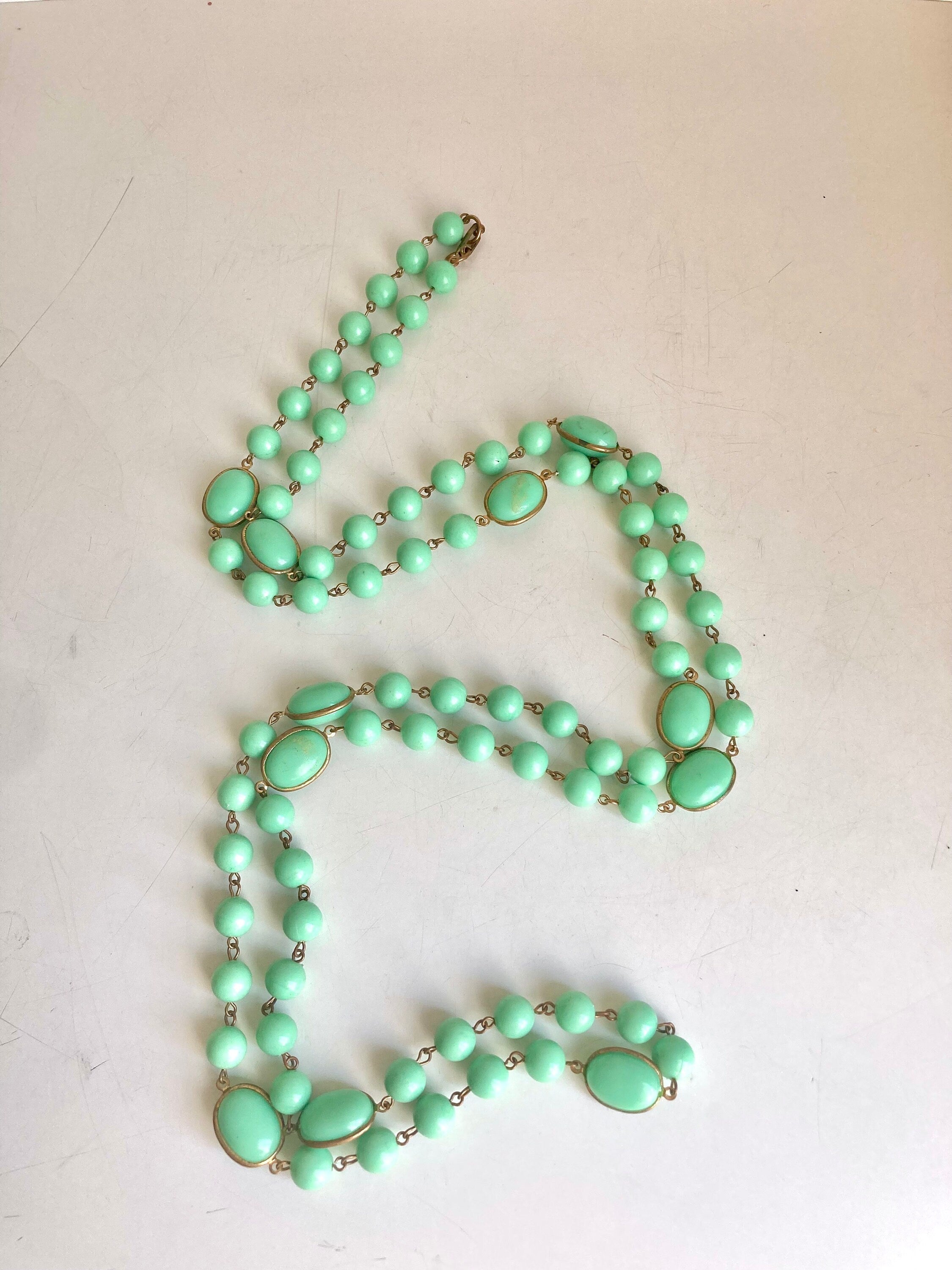 1960s Turquoise Plastic Bead Necklace: Long Costume Jewelry