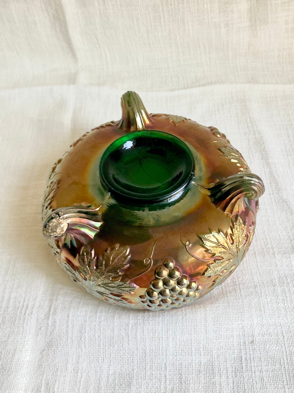 Vintage Fenton green Emerald Carnival Glass Three Footed Grape Vine Bowl - Fair Condition - a Beauty!