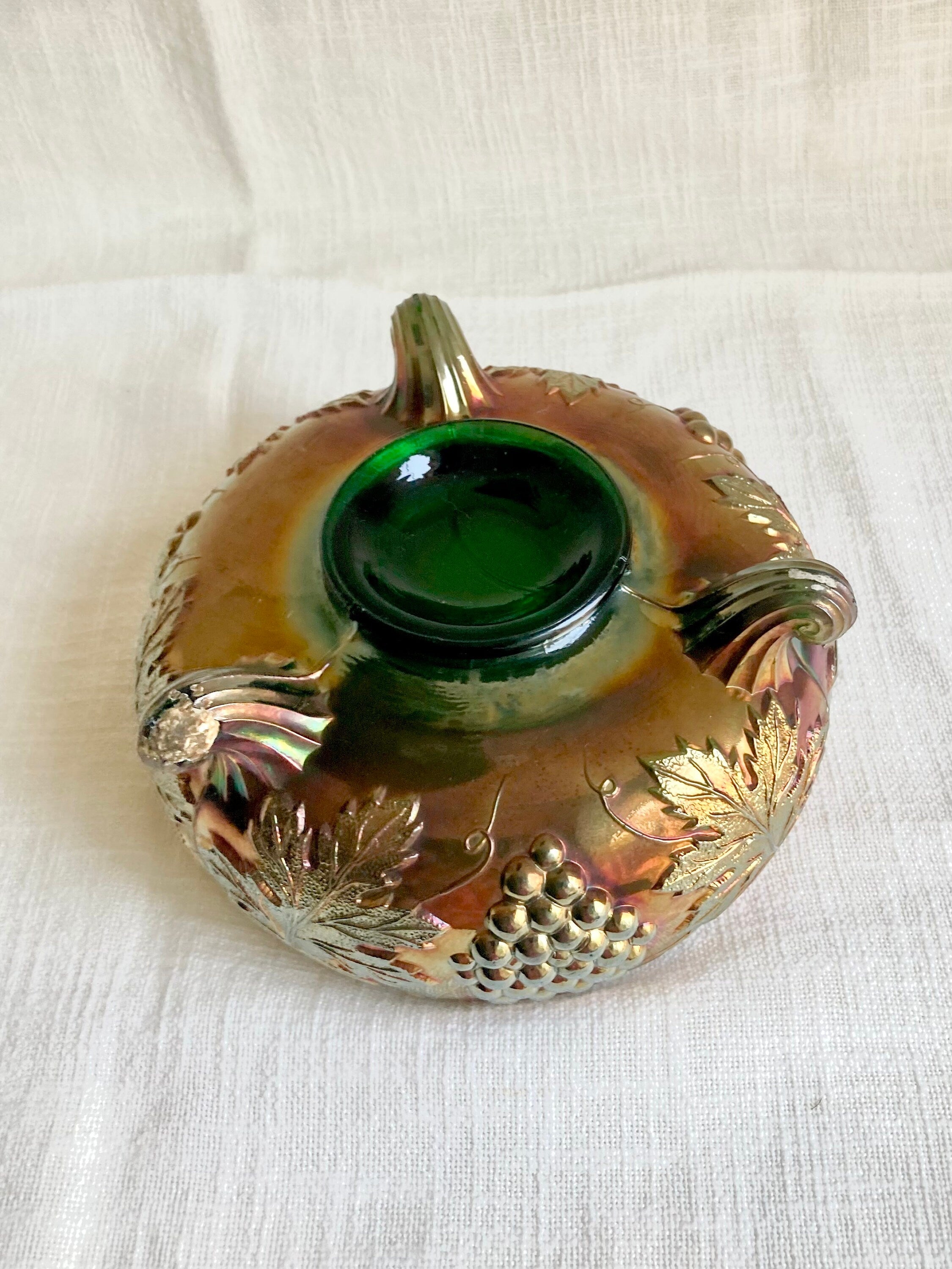 Vintage Fenton green Emerald Carnival Glass Three Footed Grape Vine Bowl - Fair Condition - a Beauty!