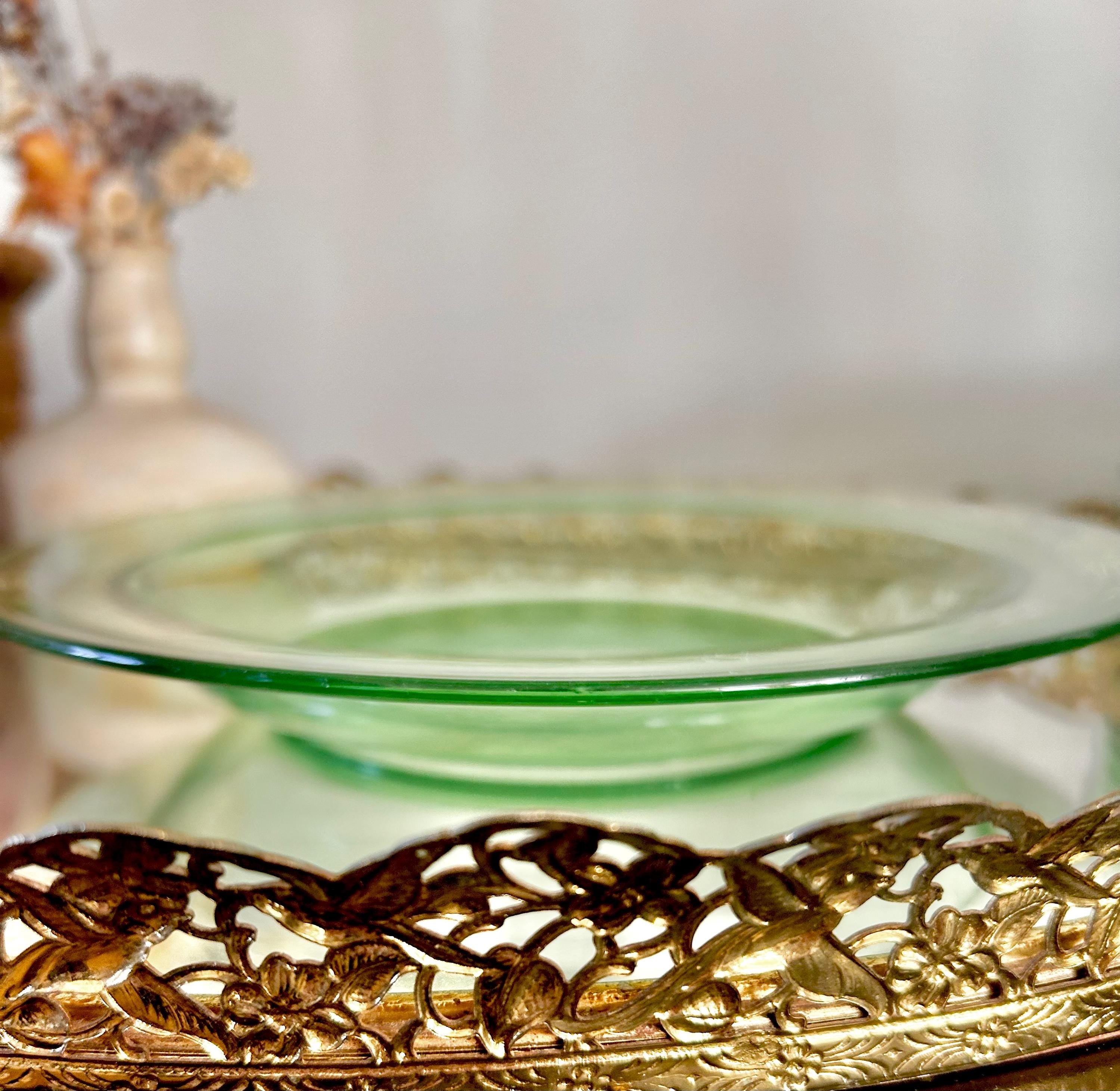 Vintage Uranium Green Heavy Pressed Glass Dish