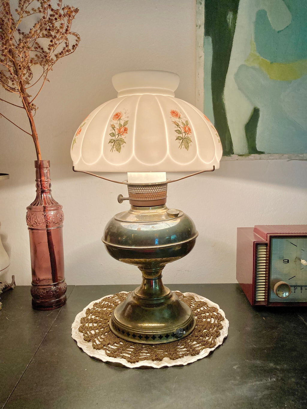 Vintage Converted Brass Oil Boudoir Lamp - Milk Glass Shade with Pink Roses Applique