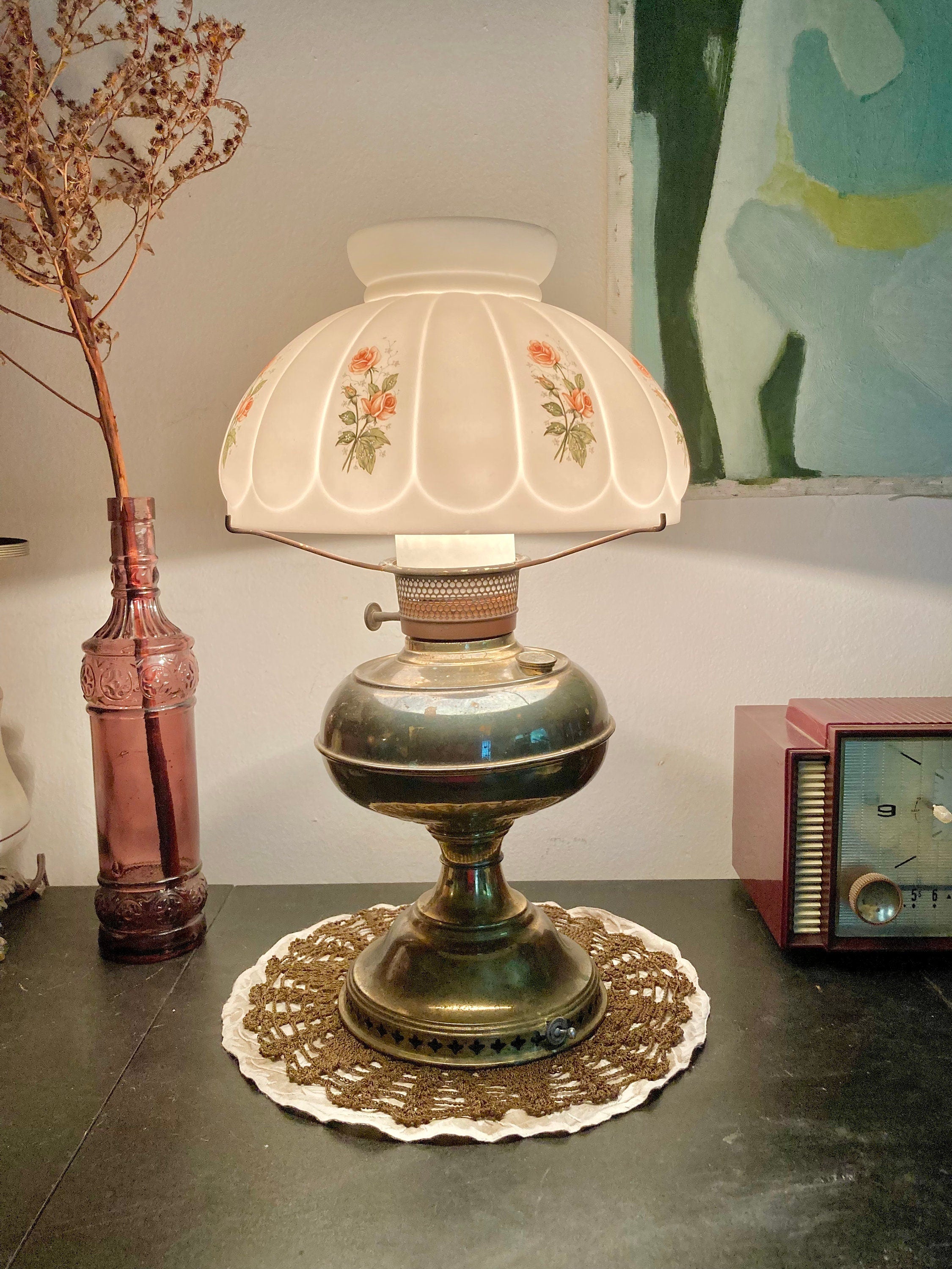 Vintage Converted Brass Oil Boudoir Lamp - Milk Glass Shade with Pink Roses Applique