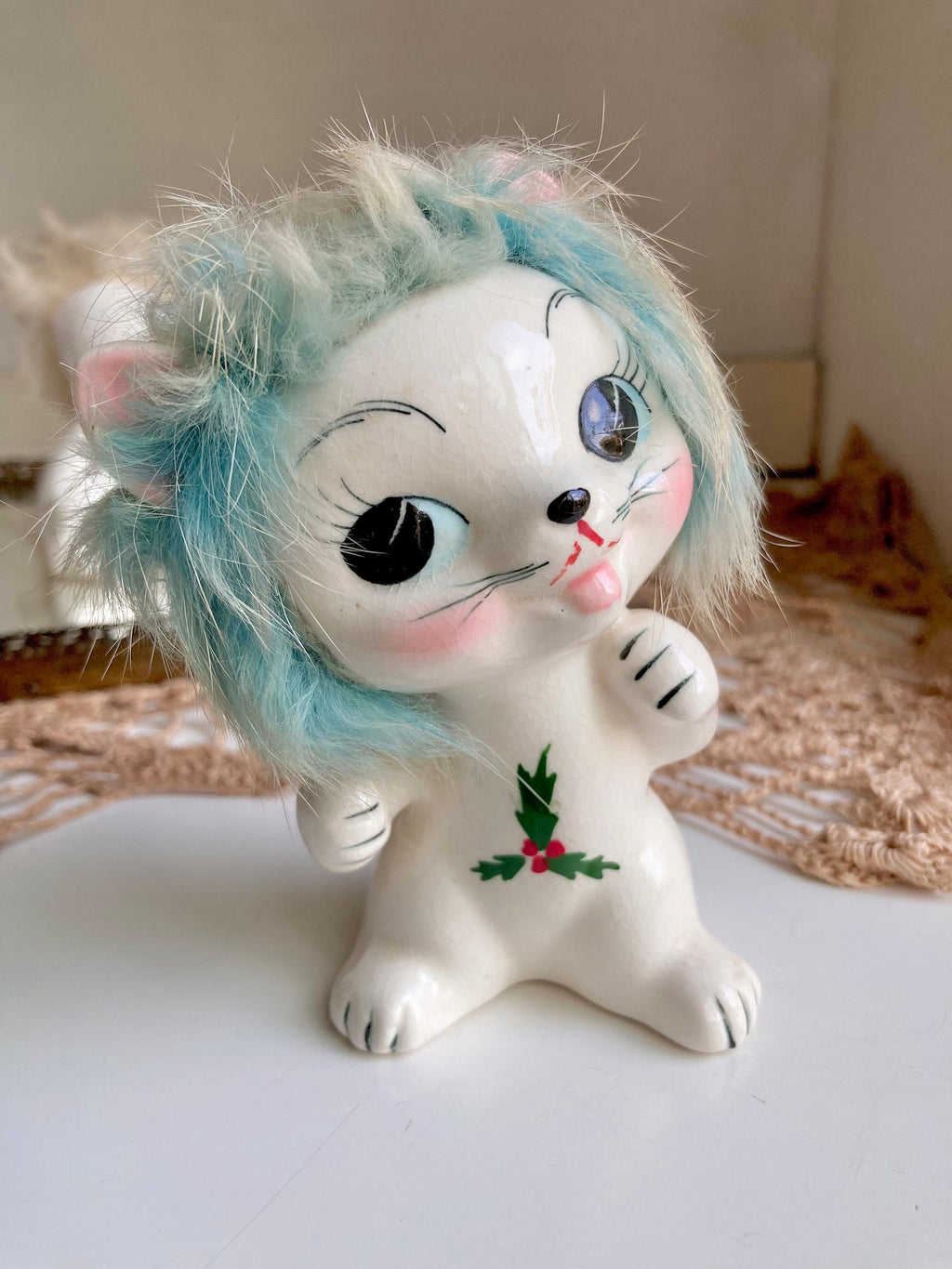 Midcentury Anthropomorphic Ceramic Cats Hand Painted with applied Fur - Japan - Choose from 3