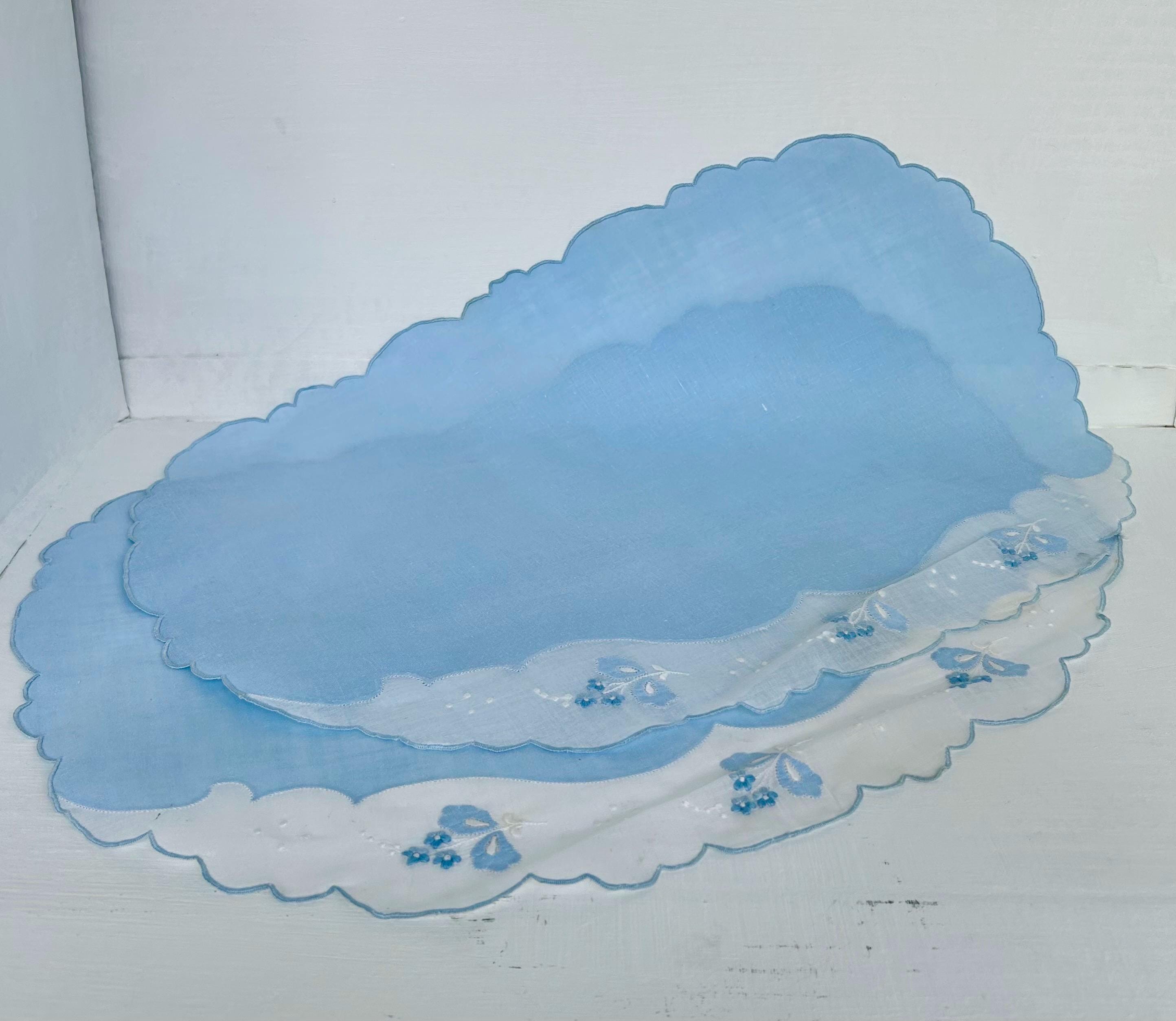 Vintage Linen Placemats: Sky Blue Organdy Trim, Floral Embroidery