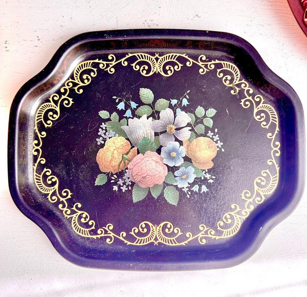 Vintage Floral Tray: Black & Gold Filigree, Made in England (7 Inch)