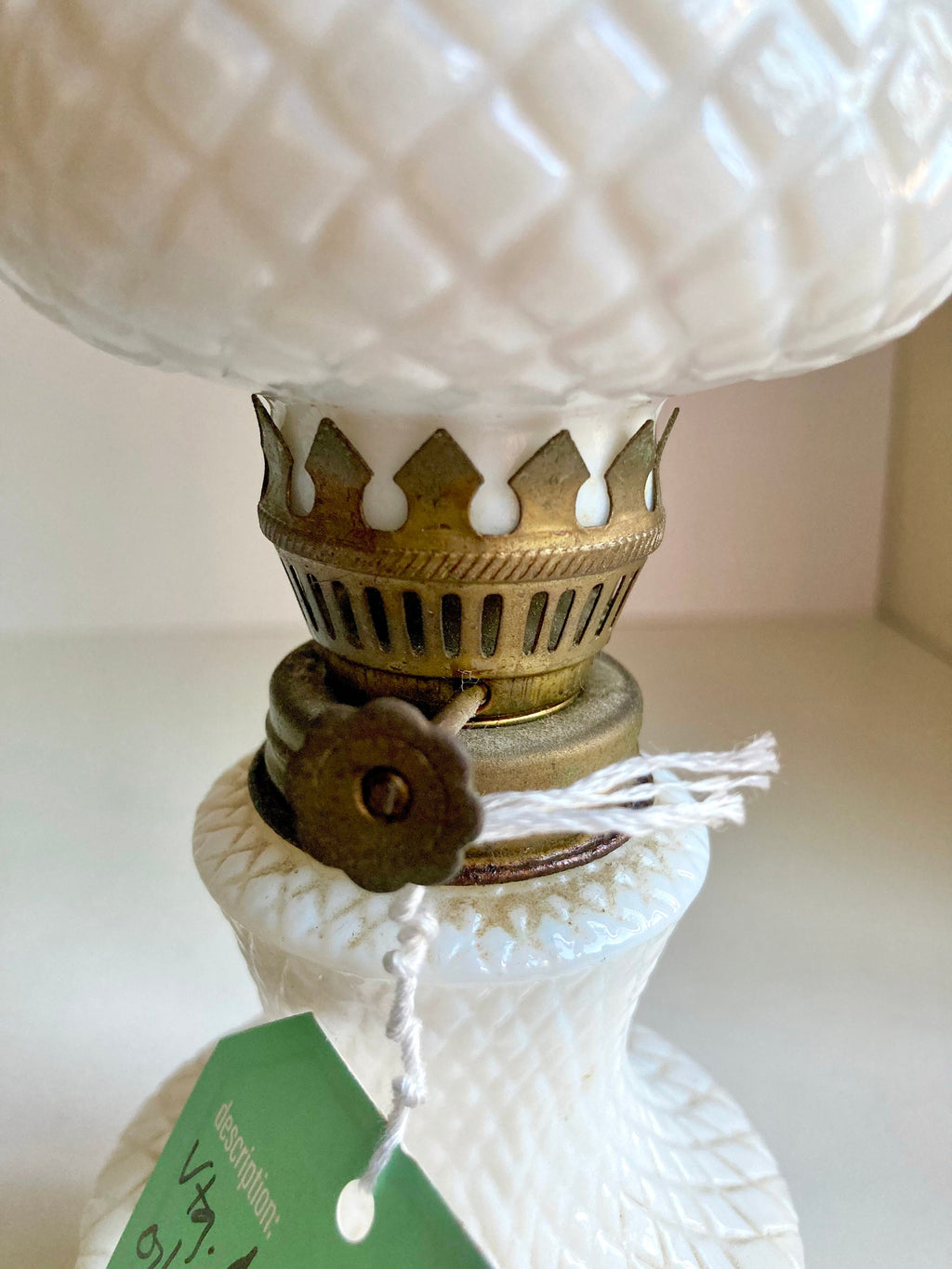 Vintage Milk Glass Oil Lamp: Diamond Hobnail, Fruit Appliqué, 8" Tall