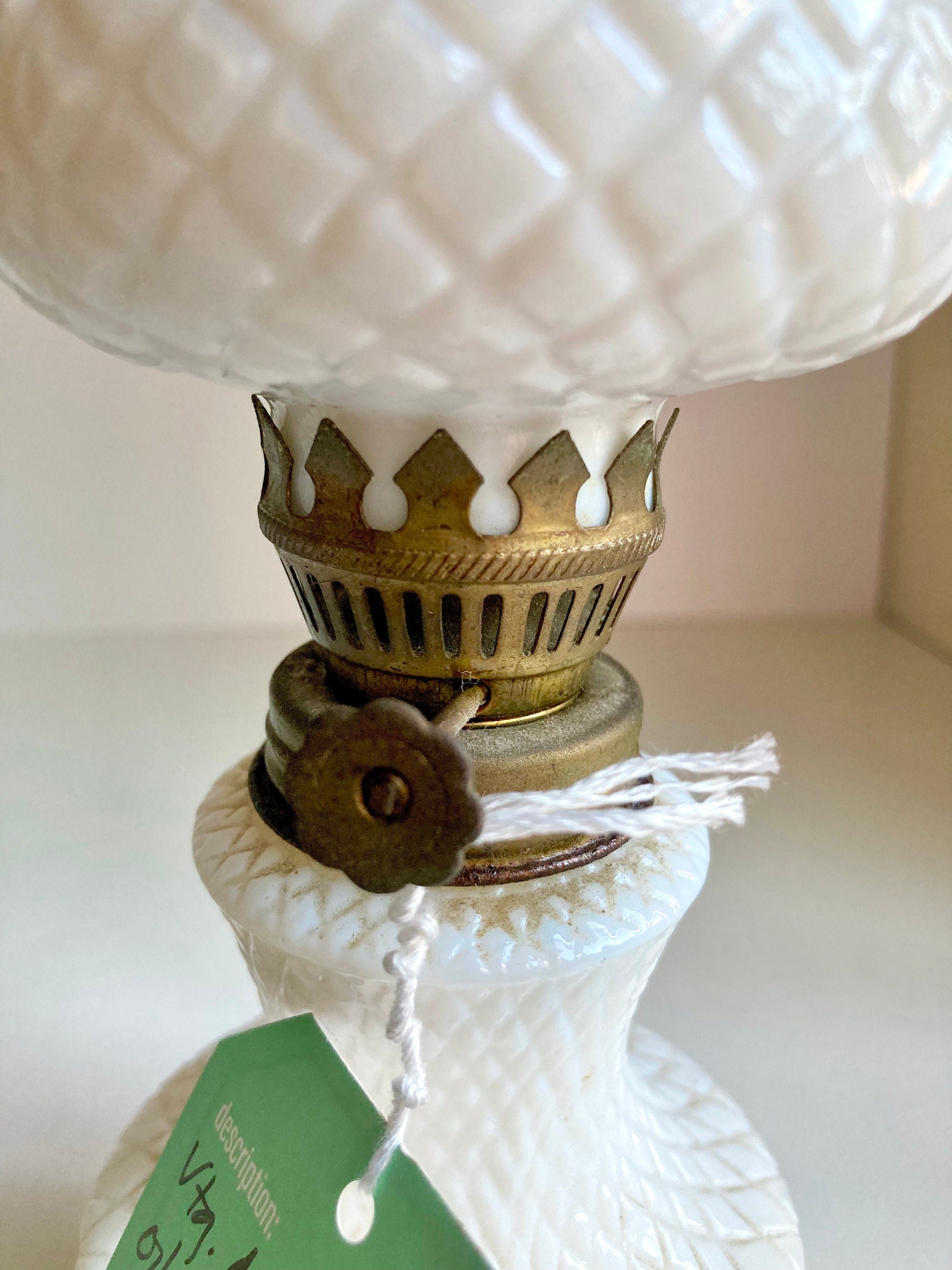 Vintage Milk Glass Oil Lamp: Diamond Hobnail, Fruit Appliqué, 8" Tall