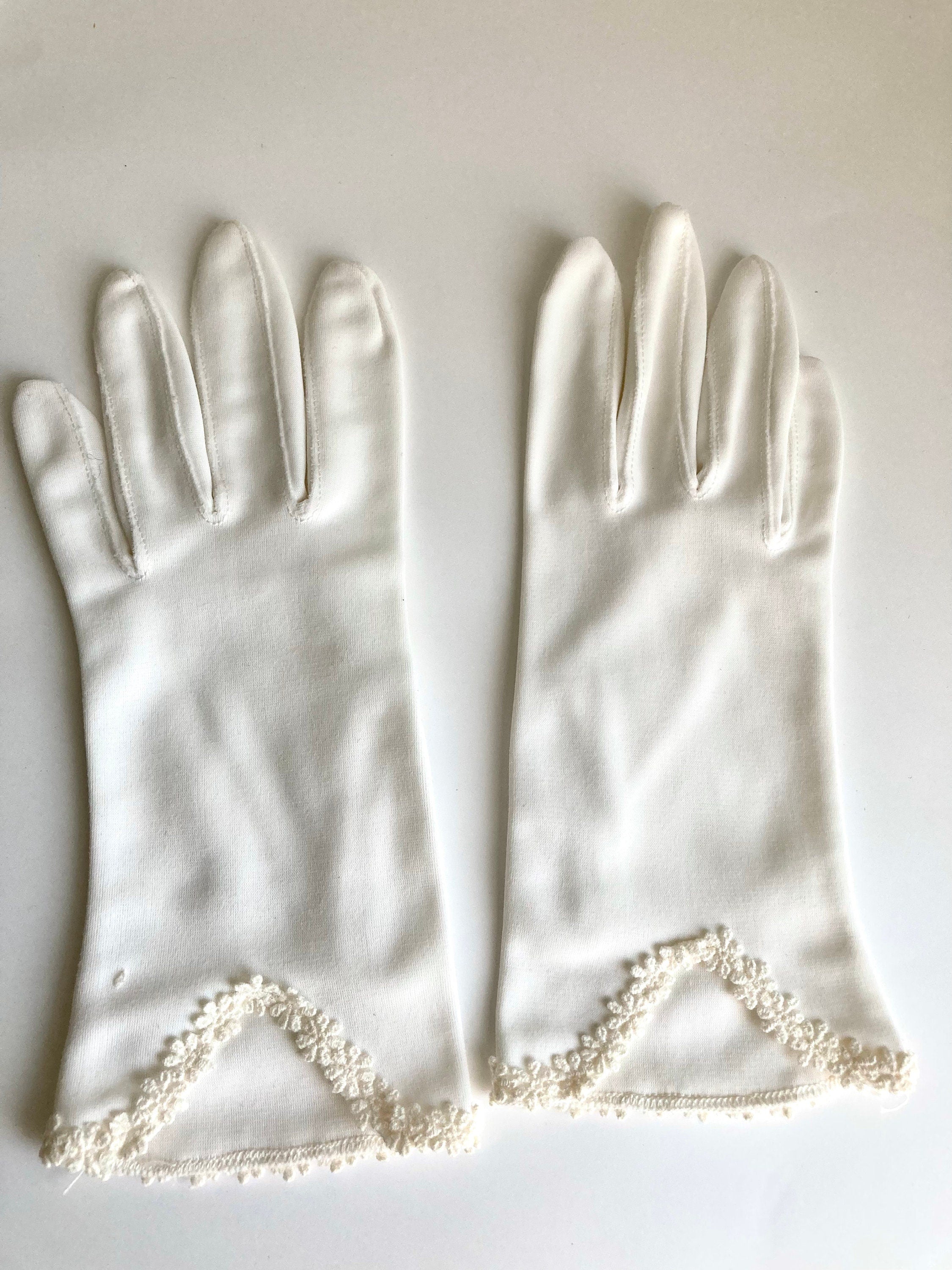 Vintage Ladies Gloves -White short - floral embroidery trim - made in USA Good Vtg. Condition