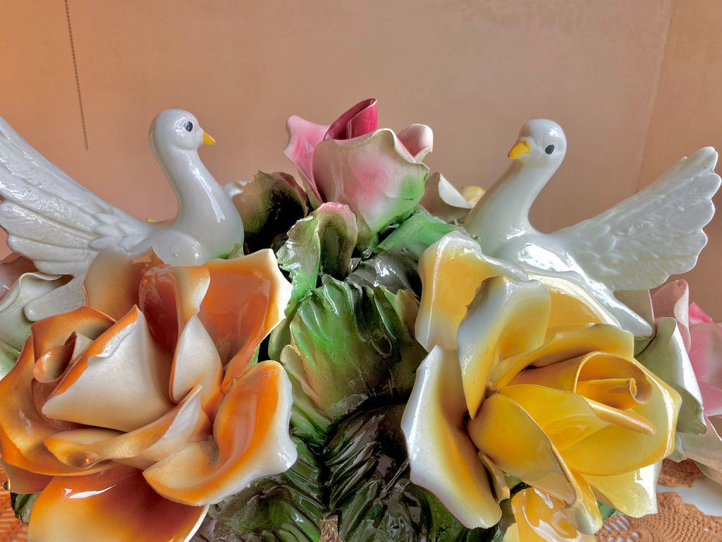 1970s Nuova Capodimonte 17" Grand Centerpiece with Pair of Doves, Basket of Roses