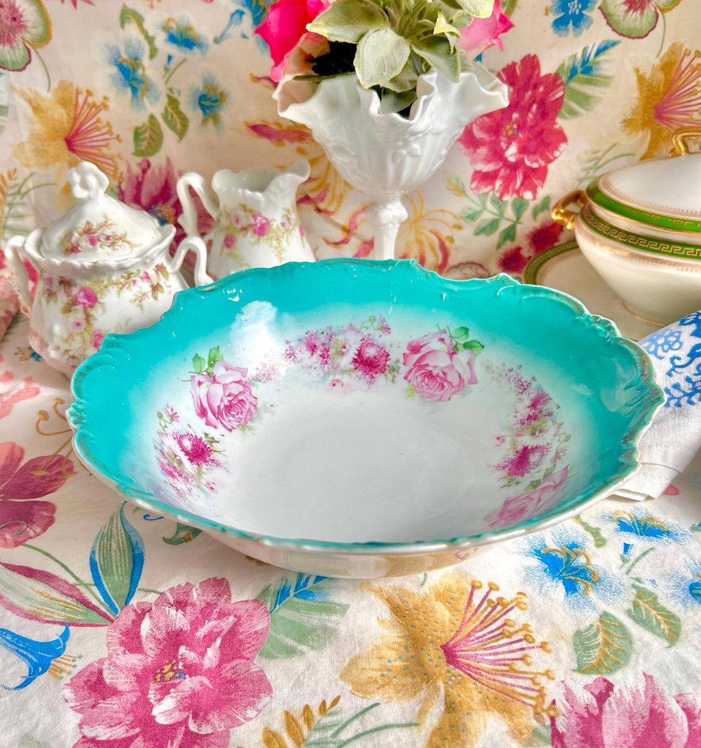 Vintage Porcelain Serving Bowl: Teal Rim, Rose Garland, Scalloped Edge (10-inch)