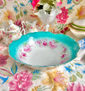 Vintage Porcelain Serving Bowl: Teal Rim, Rose Garland, Scalloped Edge (10-inch)