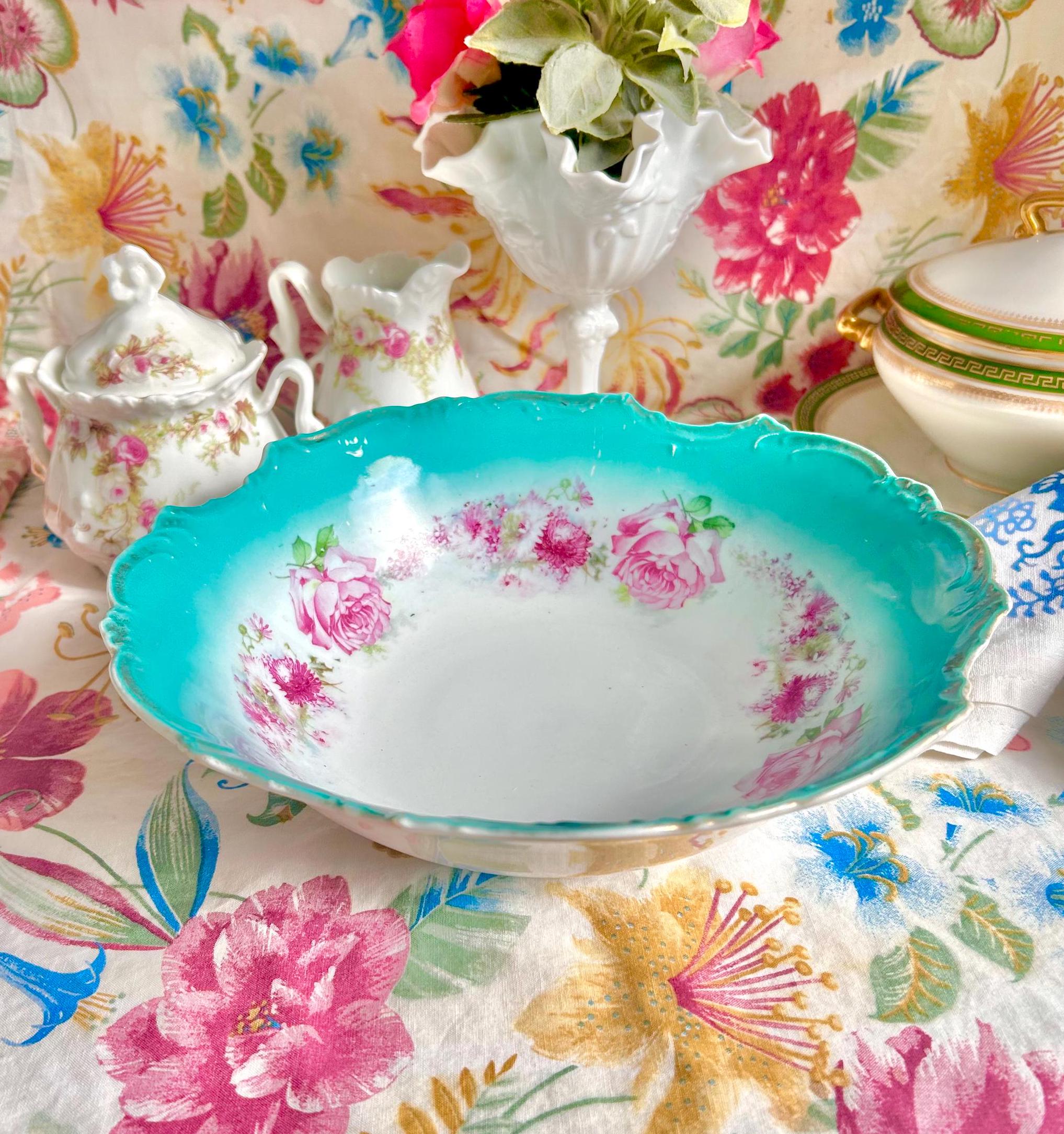 Vintage Porcelain Serving Bowl: Teal Rim, Rose Garland, Scalloped Edge (10-inch)