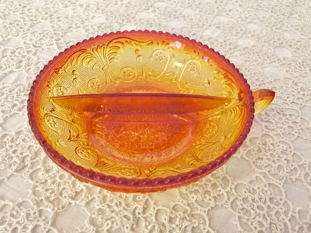 Vintage Amberina Depression Glass Divided Relish Dish with Handle, Rounded Sawtooth Edging