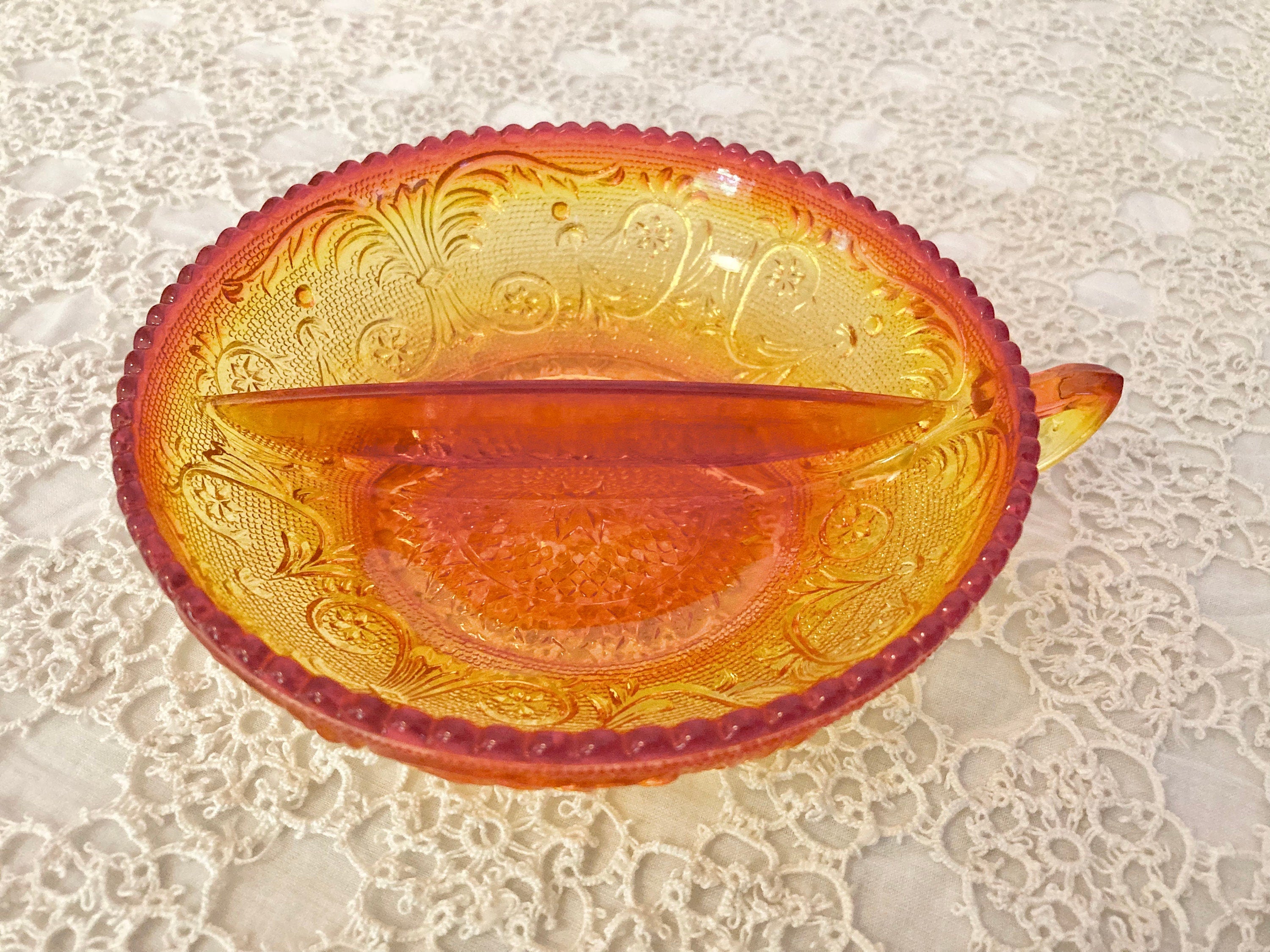 Vintage Amberina Depression Glass Divided Relish Dish with Handle, Rounded Sawtooth Edging