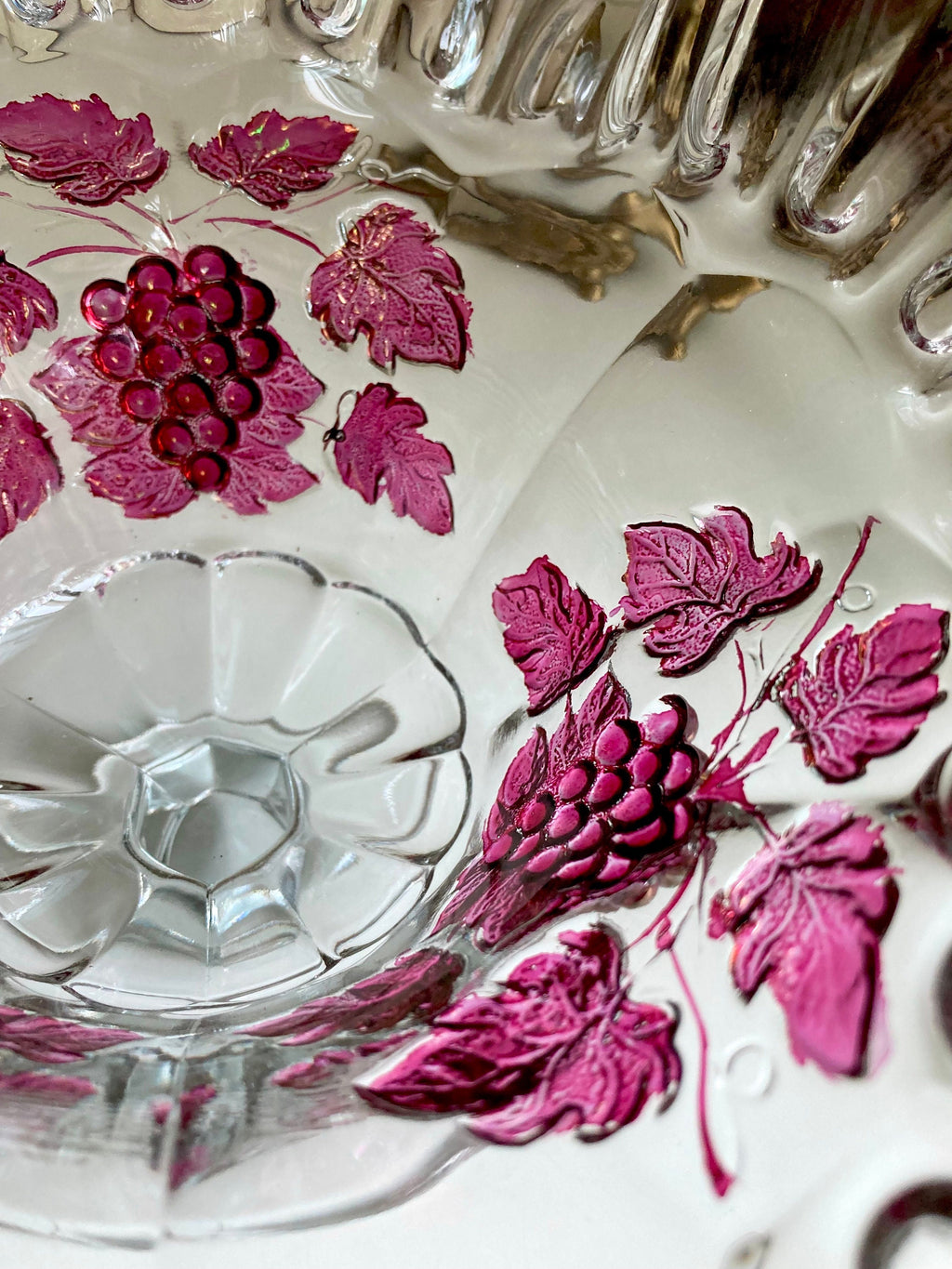 Vintage Westmoreland Crimped Edge Clear Glass Paneled Compote with Ruby Flashed Grapevines Pattern