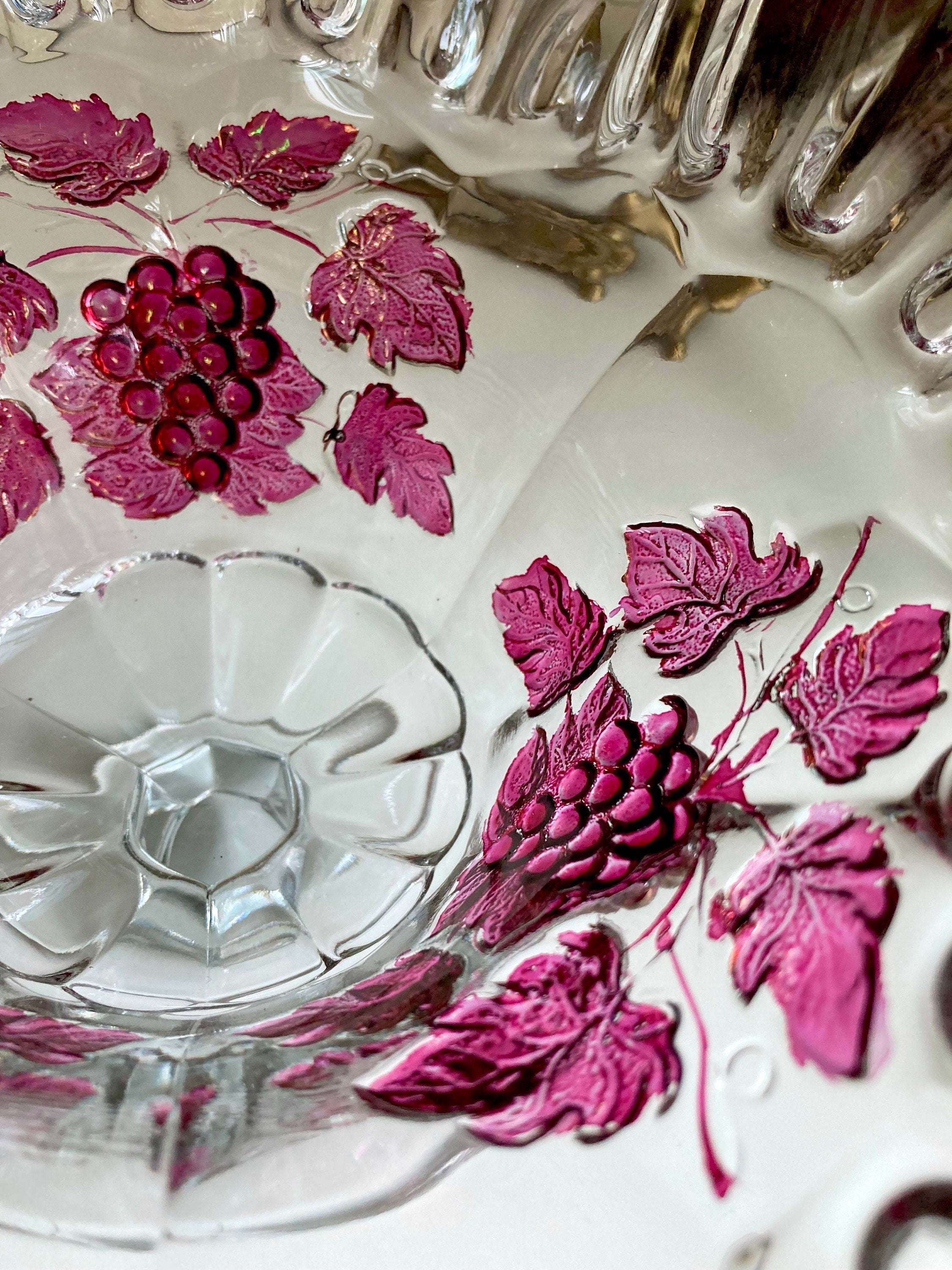 Vintage Westmoreland Crimped Edge Clear Glass Paneled Compote with Ruby Flashed Grapevines Pattern