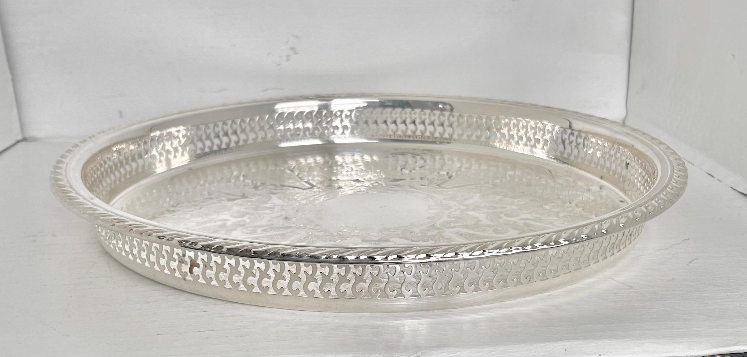 Large 15 inch Vintage Silverplate Gallery Tray Reticulated Rim Oneida USA