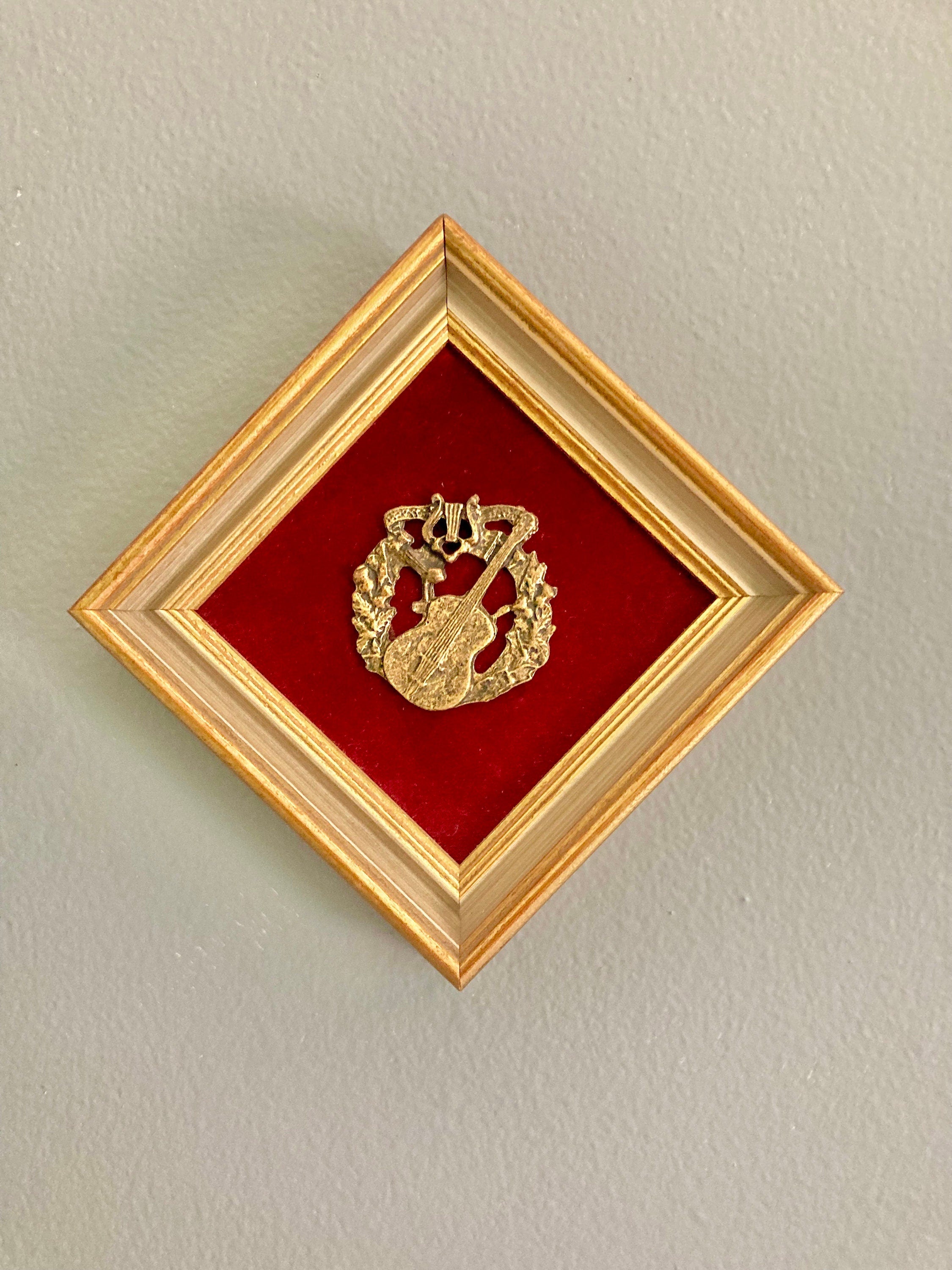 Vintage E.a. Riba Gold Tone Music Art: Red Velvet Framed Violin Decor