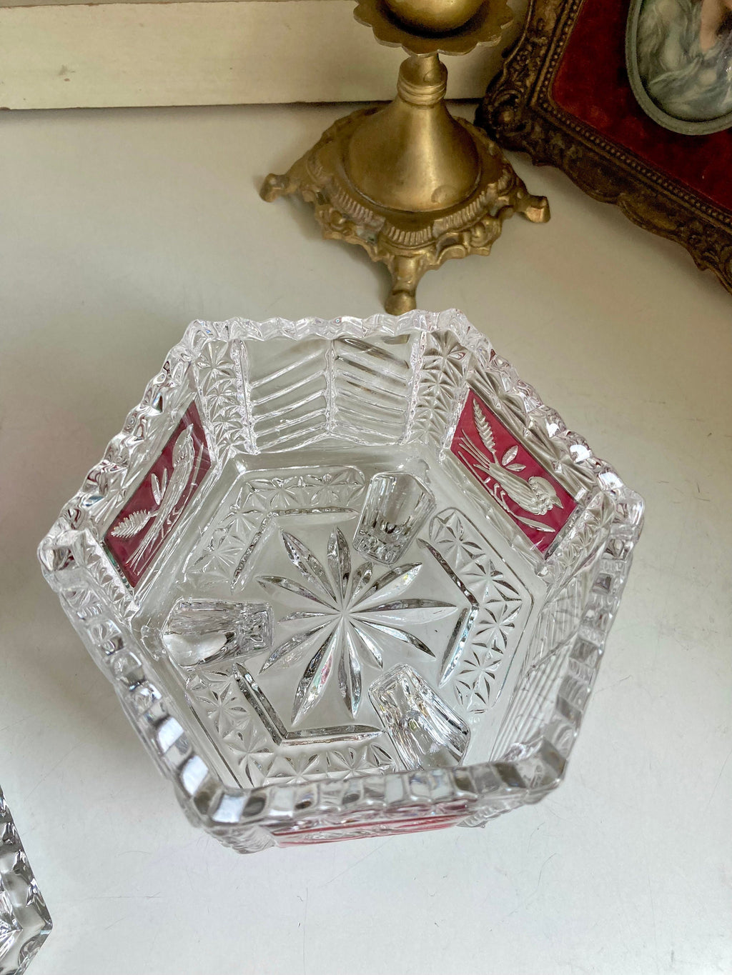 Hofbauer Red Flashed Byrde Crystal Collection Lidded Candy Dish with Bird Feet and Handle