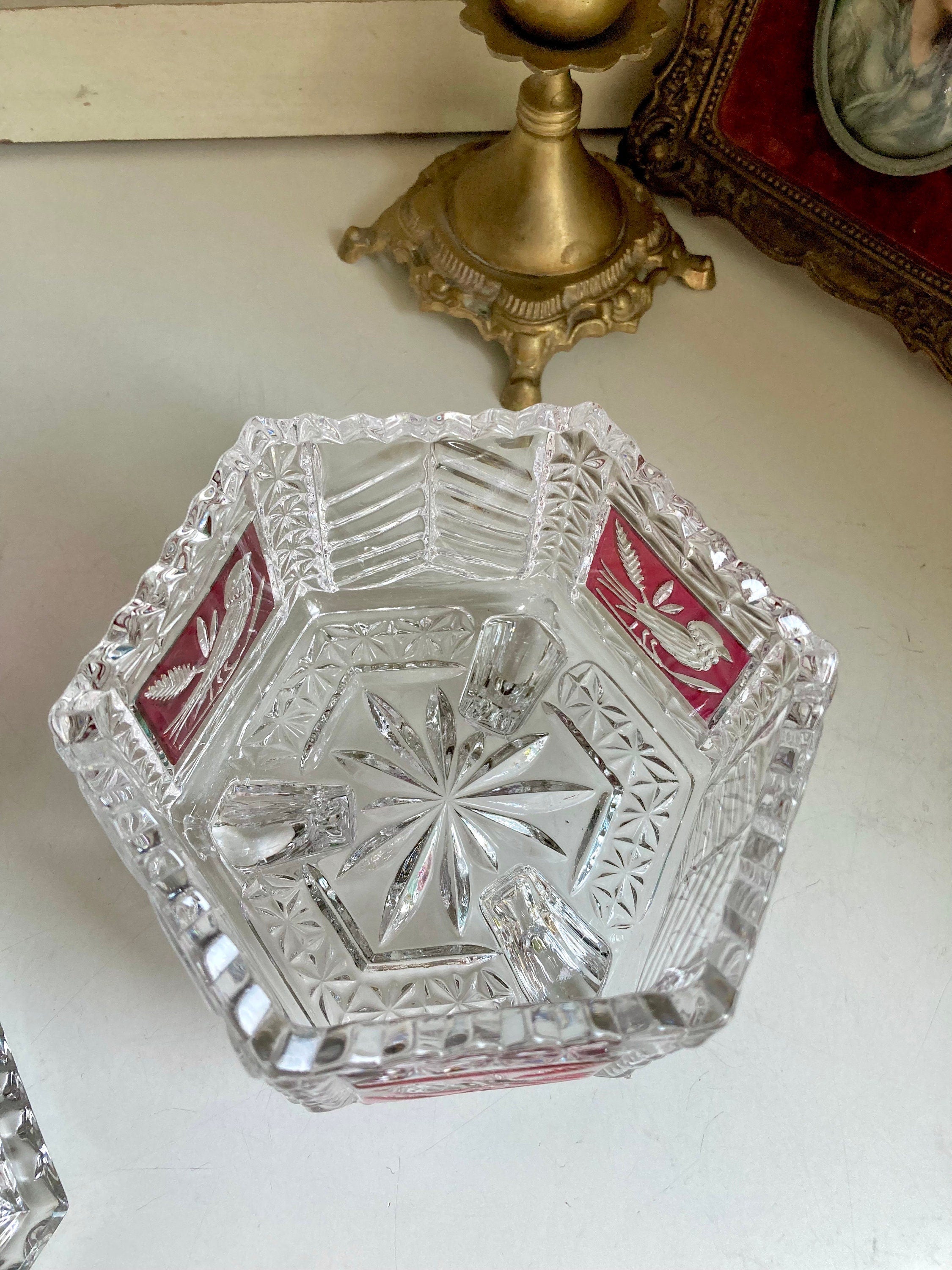 Hofbauer Red Flashed Byrde Crystal Collection Lidded Candy Dish with Bird Feet and Handle