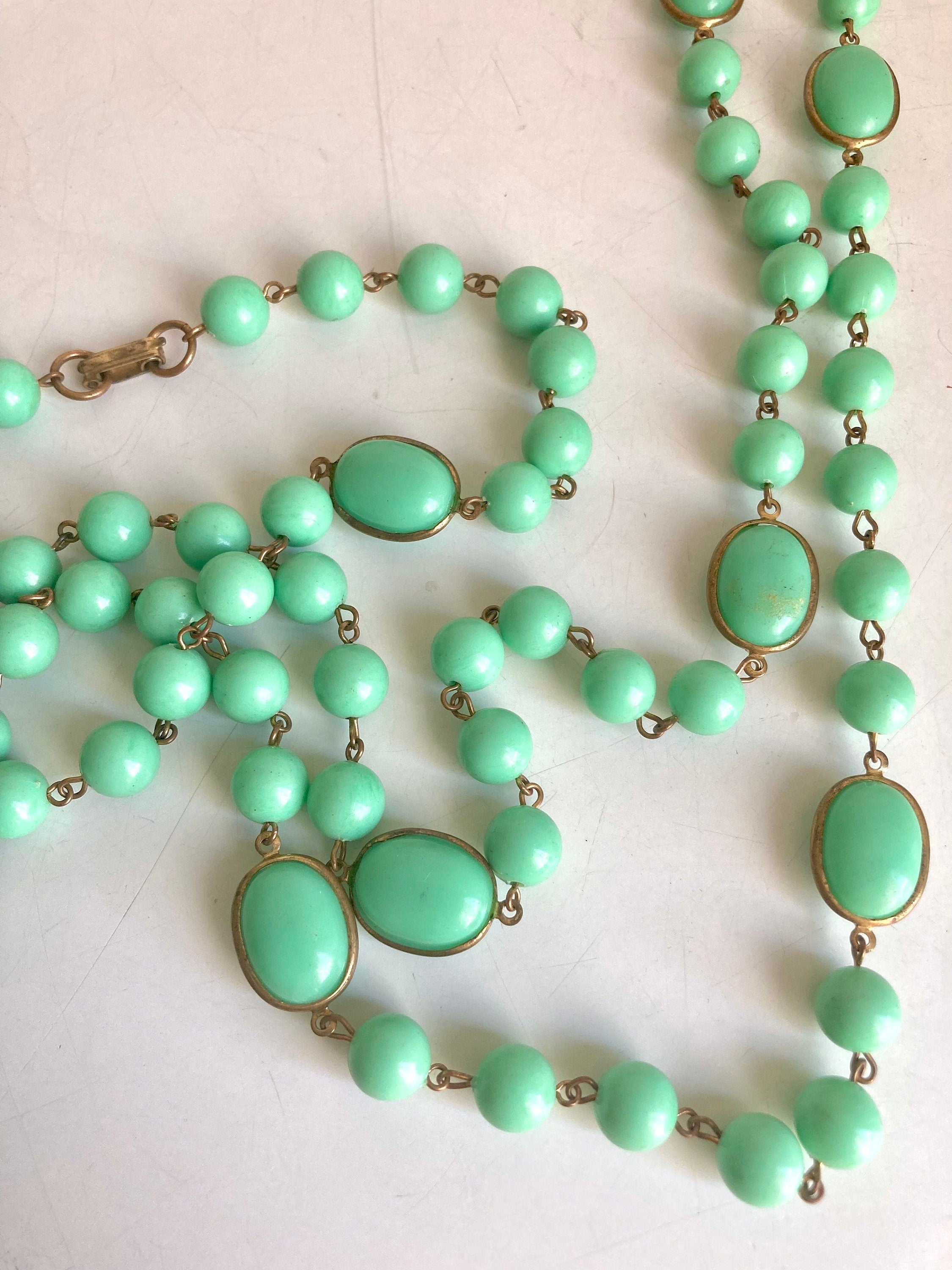 1960s Turquoise Plastic Bead Necklace: Long Costume Jewelry