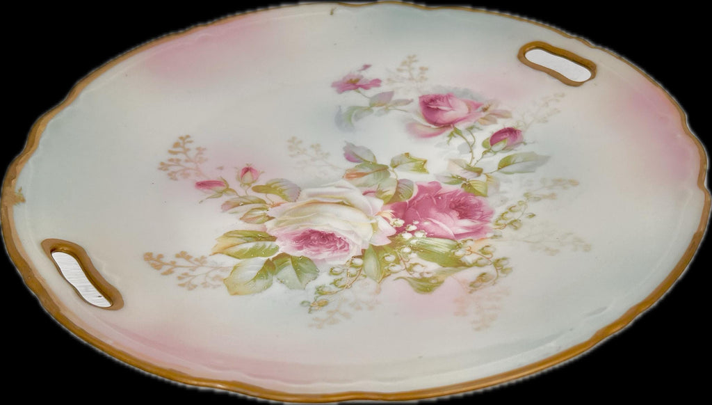 Vintage Round Porcelain Transferware Platter with Open Handles, Roses, Gold Trim