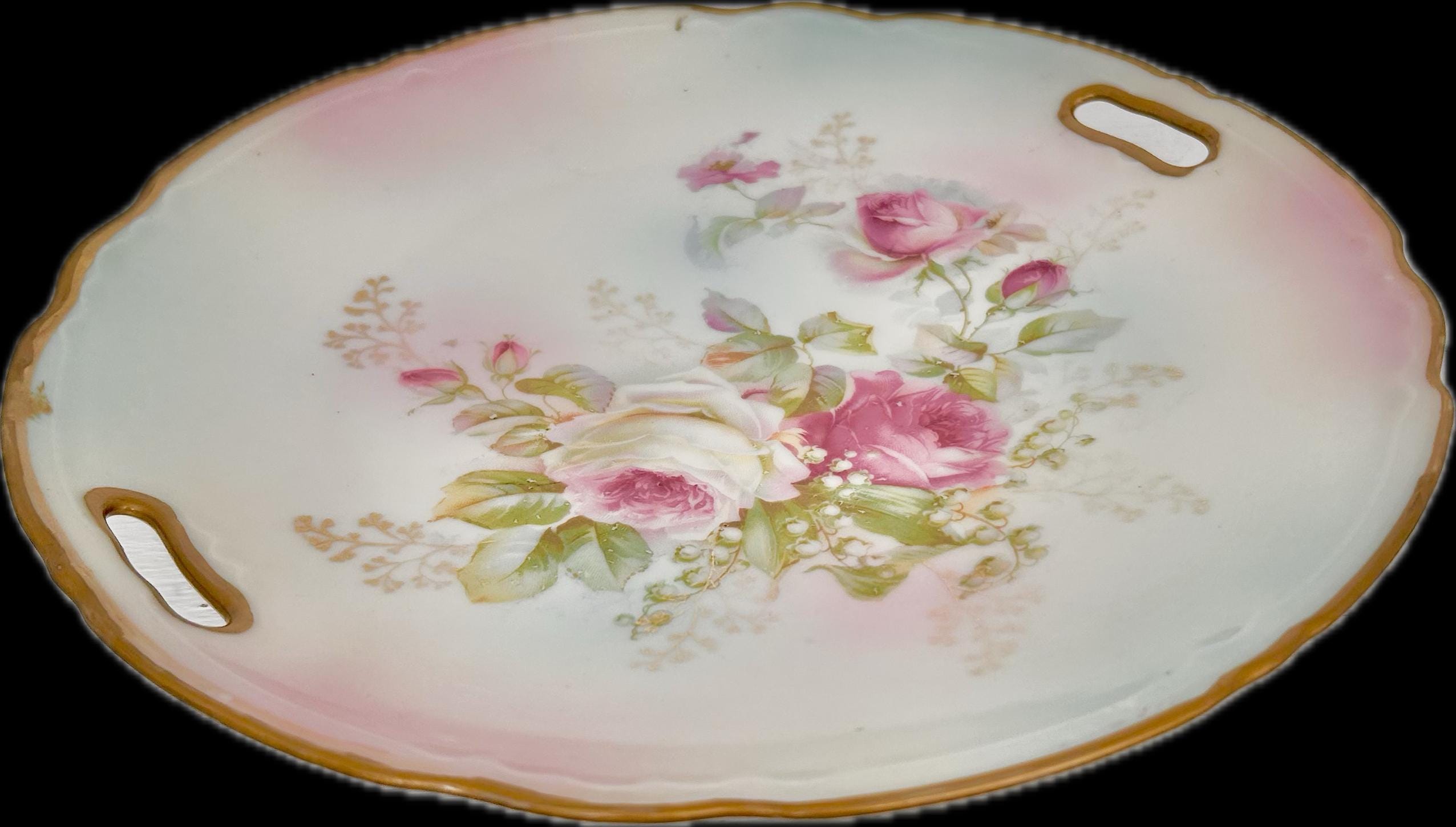 Vintage Round Porcelain Transferware Platter with Open Handles, Roses, Gold Trim