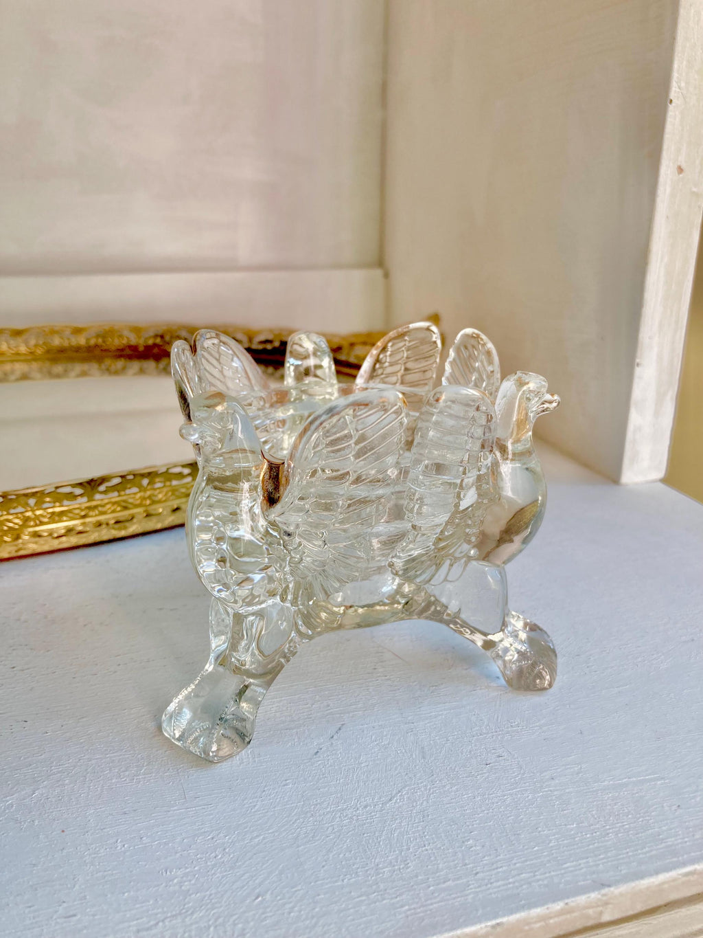 Vintage Jeanette Glass Three Eagles Candle Holder with Gold Trim