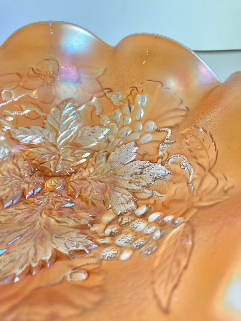 Antique Northwood Marigold Carnival Glass Ruffled Bowl: Grape Cable & Blossom Palm, c. 1910