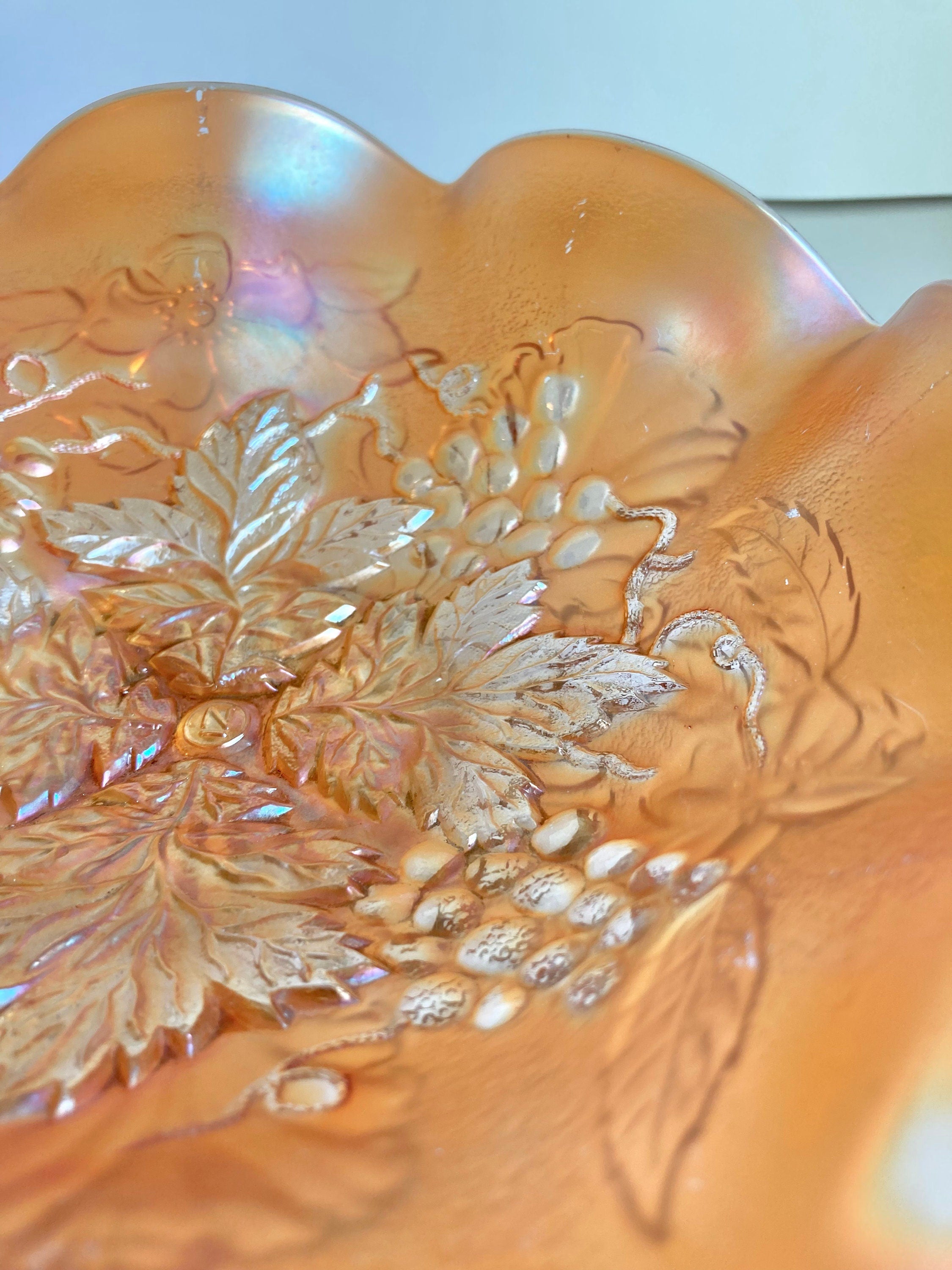 Antique Northwood Marigold Carnival Glass Ruffled Bowl: Grape Cable & Blossom Palm, c. 1910