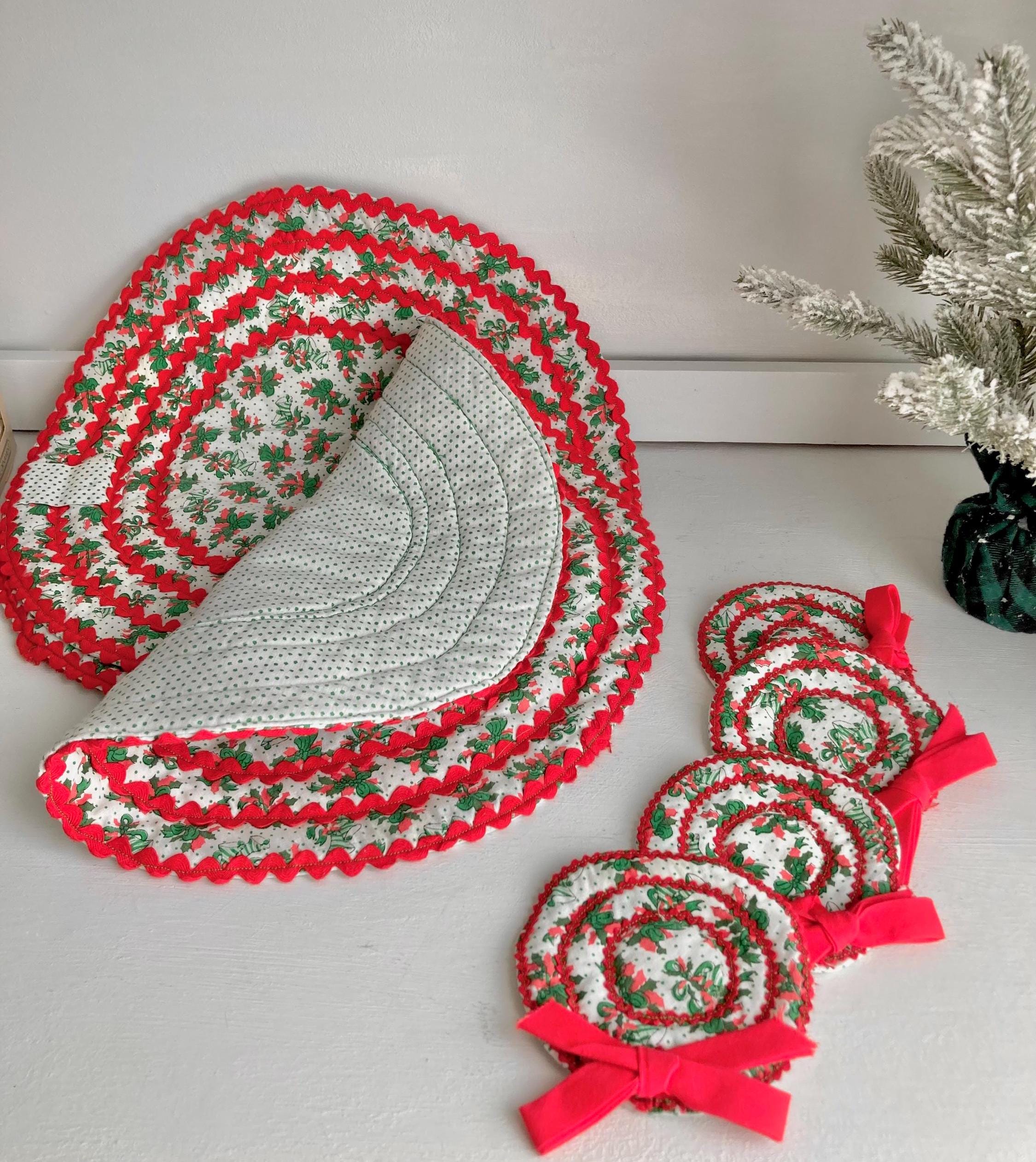Vintage 1970s Hand-stitched Christmas Holiday Cotton Quilted Placemat Setting with Matching Coasters for Four
