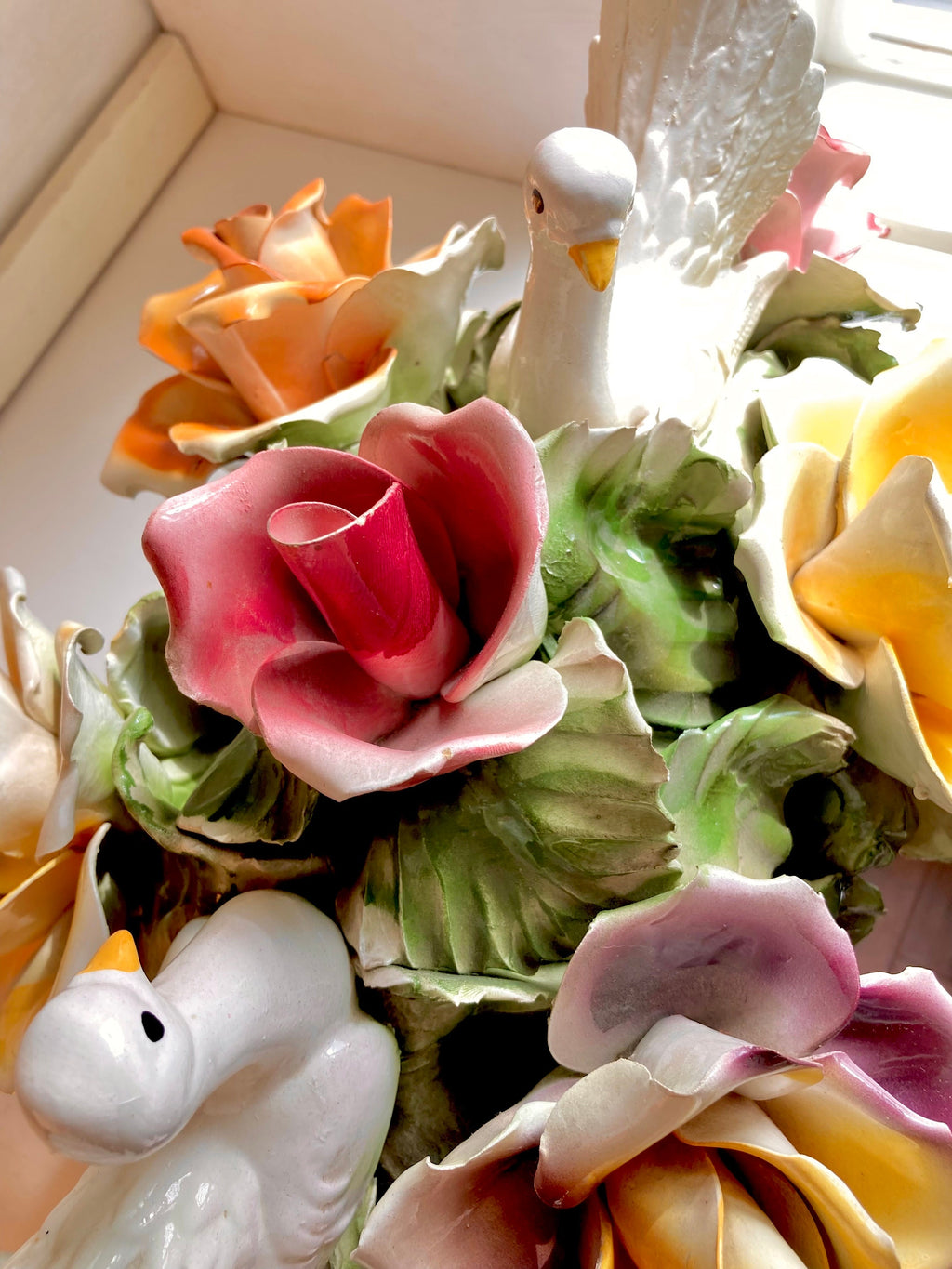 1970s Nuova Capodimonte 17" Grand Centerpiece with Pair of Doves, Basket of Roses