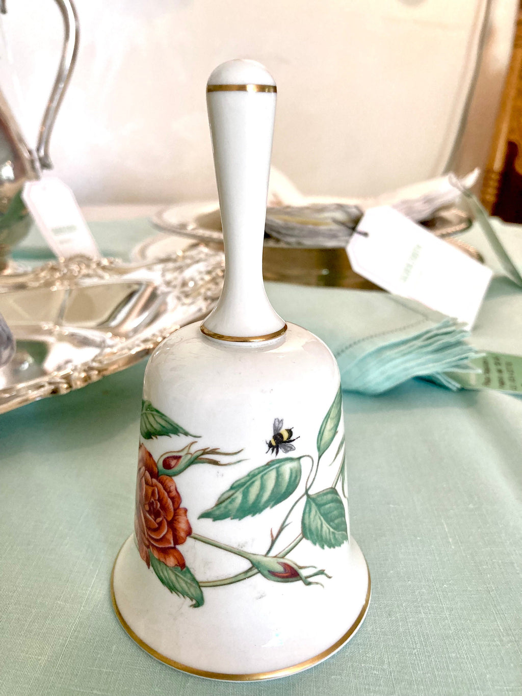 Vintage Fine Porcelain Bell - Mother's Day Roses + Bumblebees - 1980
