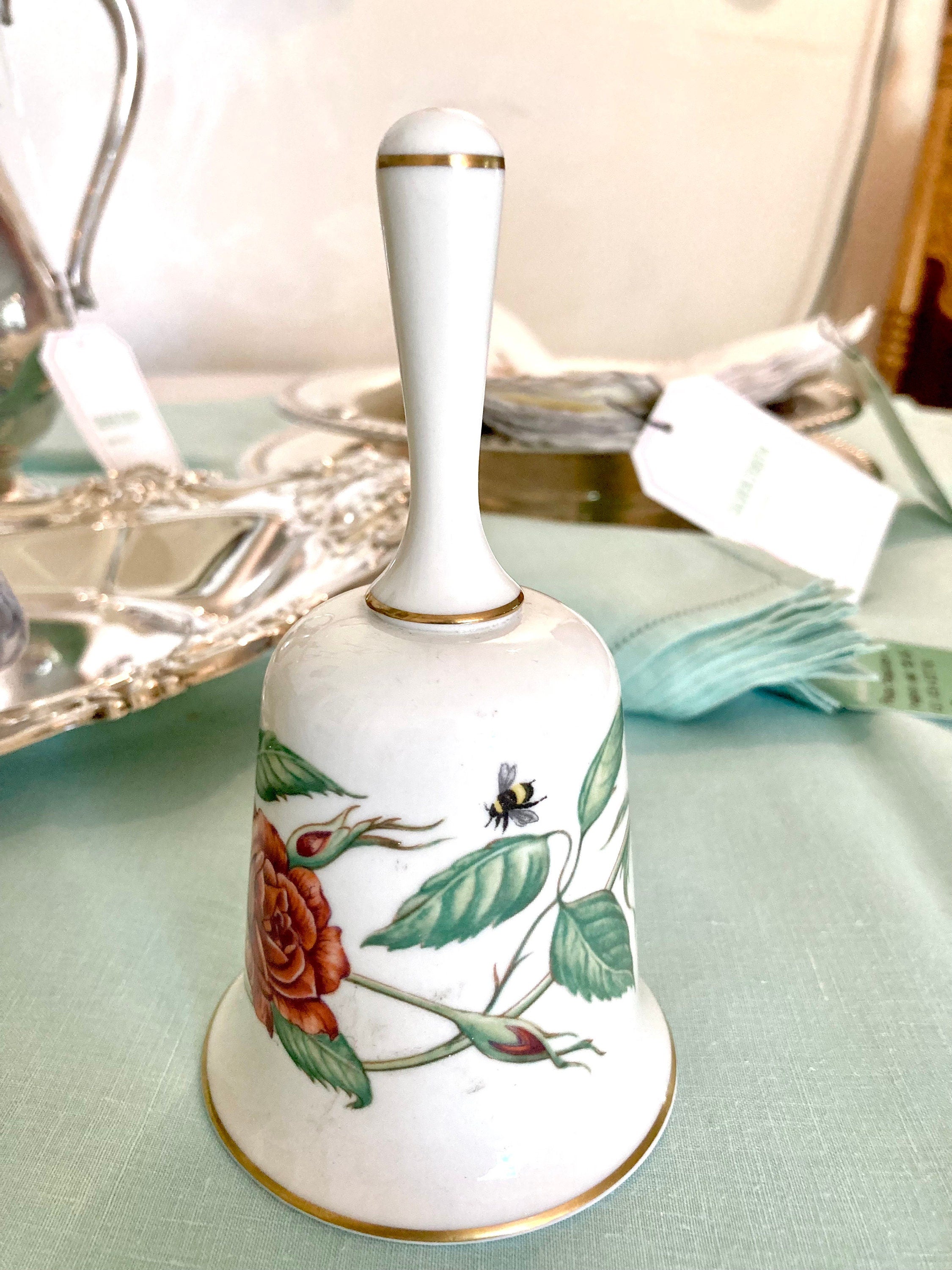 Vintage Fine Porcelain Bell - Mother's Day Roses + Bumblebees - 1980