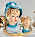 Vintage Napcoware LARGE Head Vase: 1960s Lady with Teal Blue Hat, Pearls