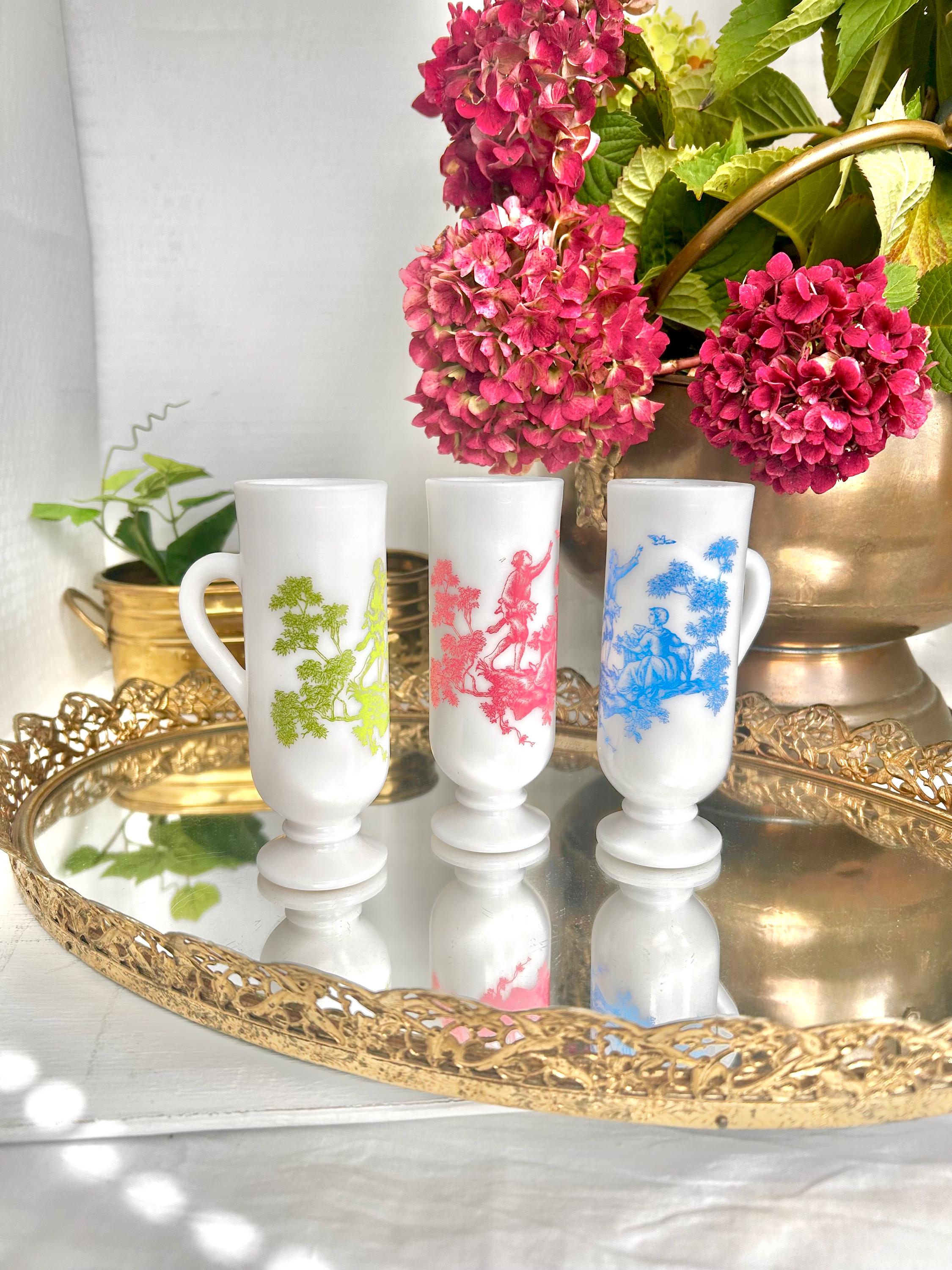 Vintage AVON Milk Glass Demitasse Cups with Colonial Toile
