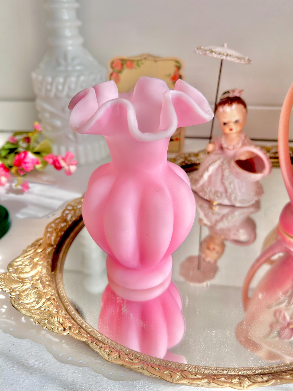 Vintage Fenton Pink Melon Vase: Satin Glass Ruffled Rim