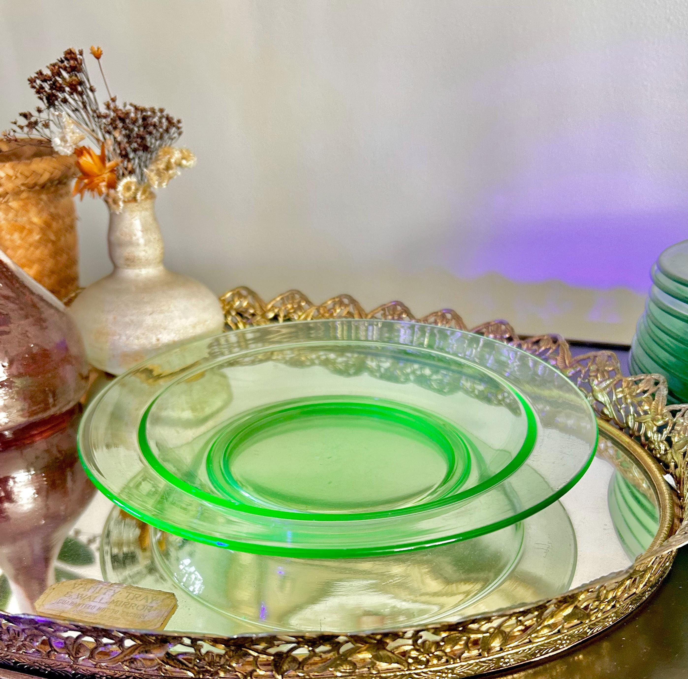 Vintage Uranium Green Heavy Pressed Glass Dish