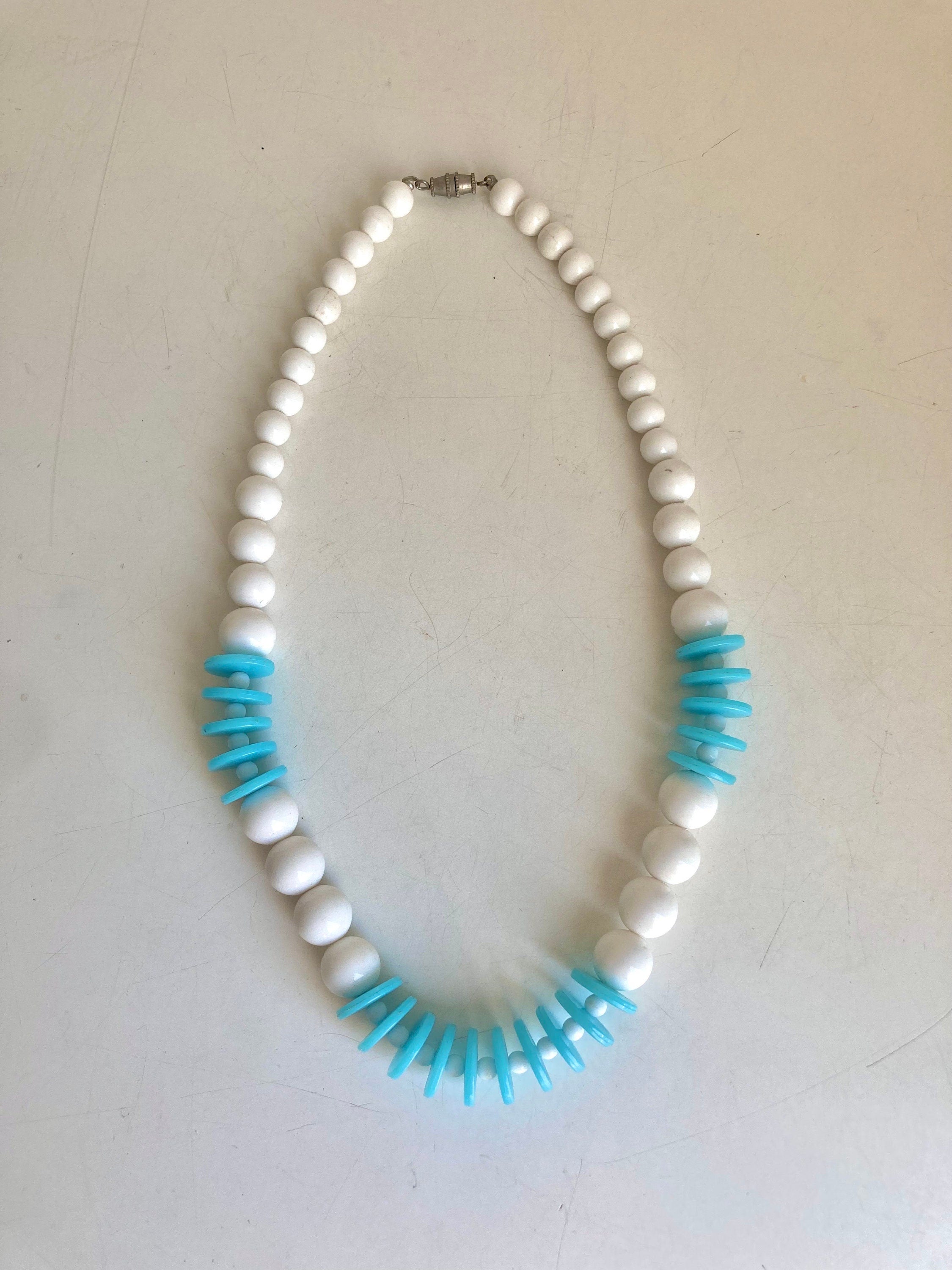 Vintage White & Sky Blue Plastic Beaded Necklace - 18"