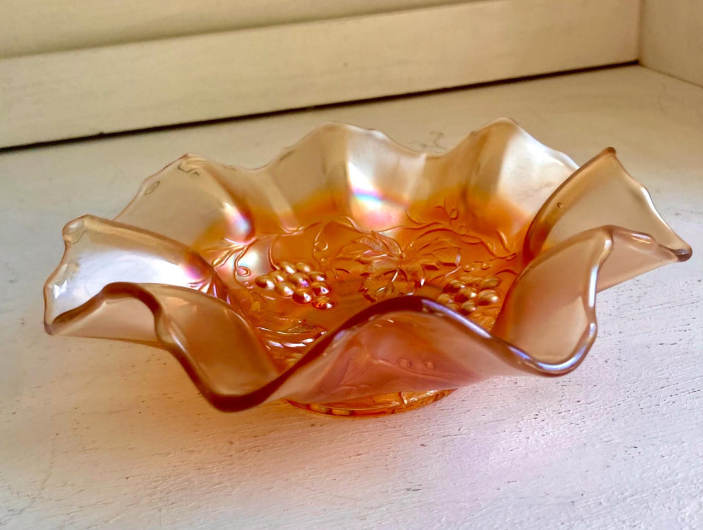 Vintage Dugan Golden Grape Marigold Carnival Glass Ruffled Bowl 7 1/4" diameter