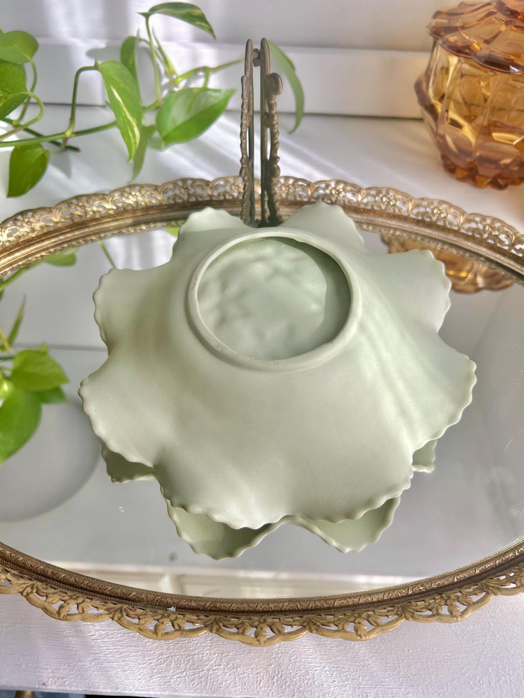 Vintage Bisque Ruffled Bowl: Pale Green Grape Vine Pattern