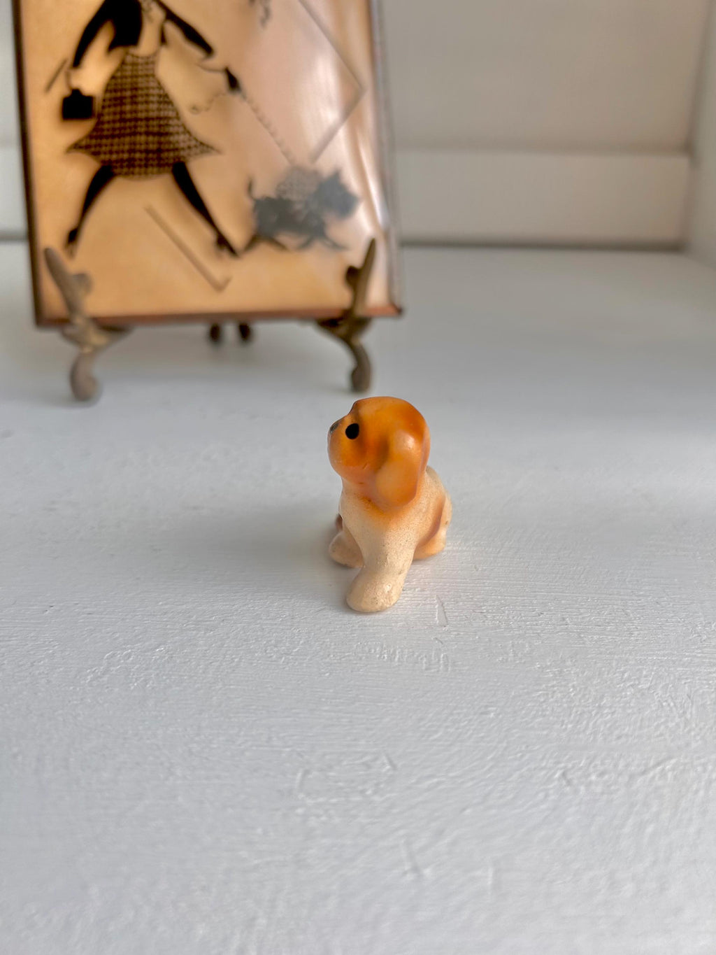 Vintage Teensy Ceramic Tawny Pup - Hand painted dog figurine 1 inch seated pup