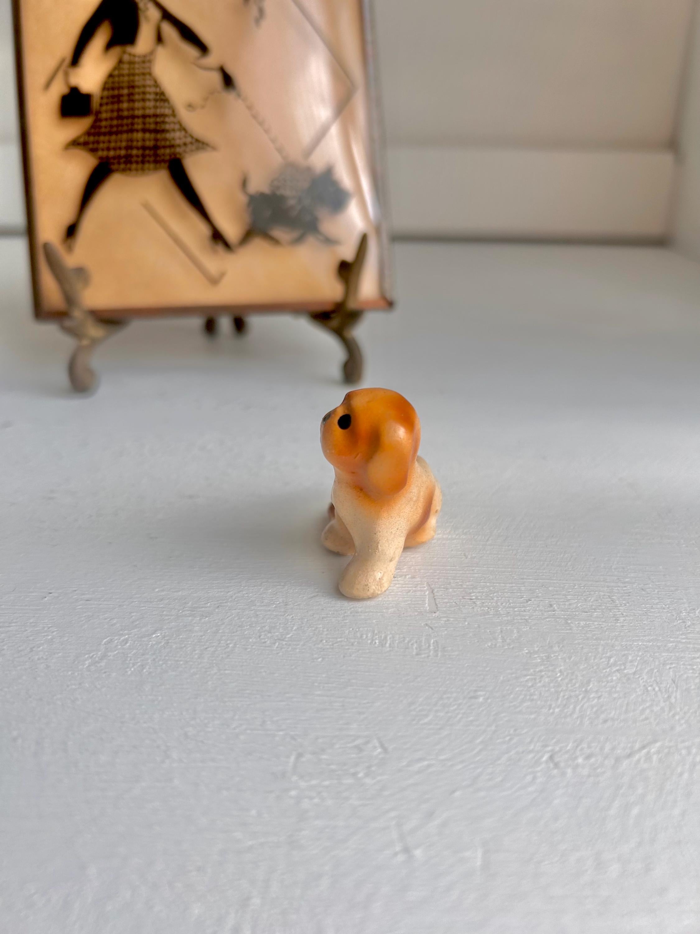Vintage Teensy Ceramic Tawny Pup - Hand painted dog figurine 1 inch seated pup