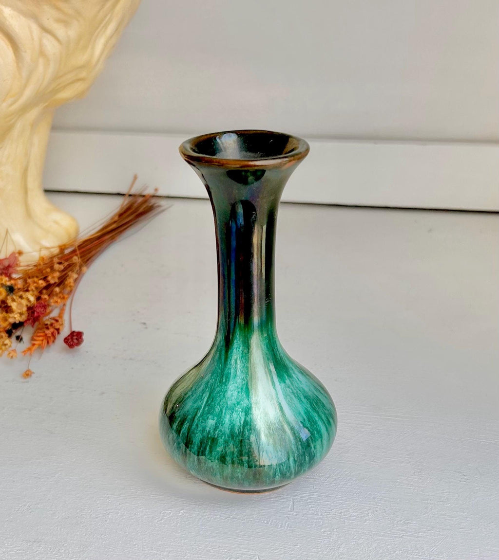 Vintage Blue Mountain Pottery Bud Vase – Teal Drip Glaze, Canadian Ceramic