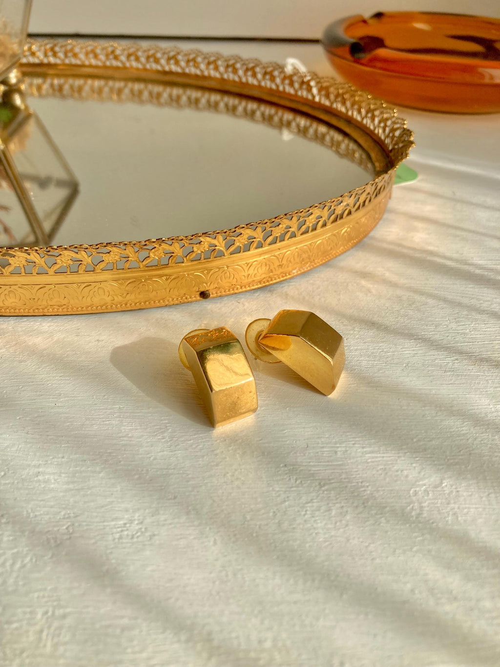 Vintage Gold Tone Statement Earrings - Geometric Angular 1980s Earrings for Pierced Ears