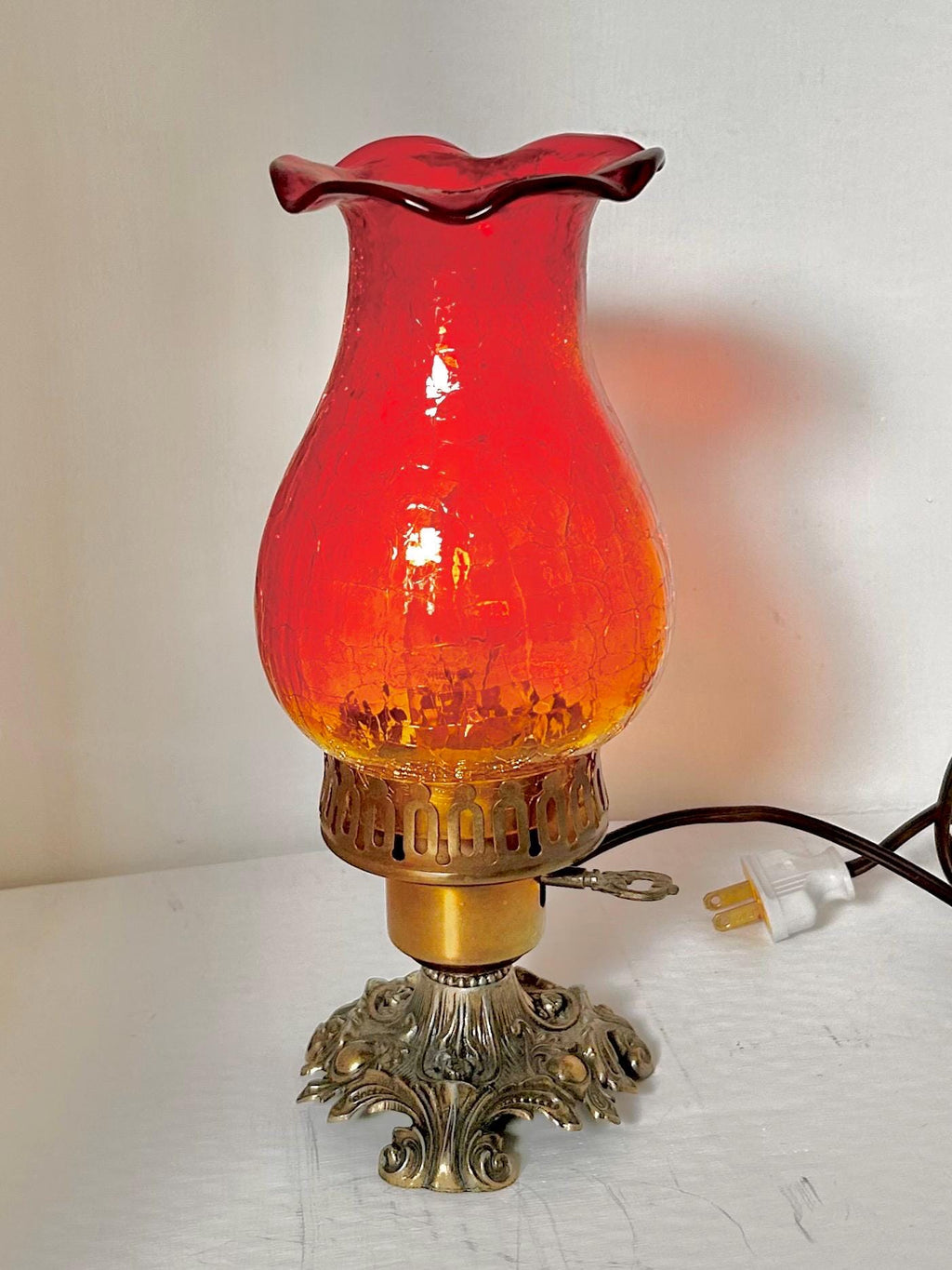 Vintage Amberina Crackle Glass Hurricane Lamp: Brass Base, Ruffled Shade