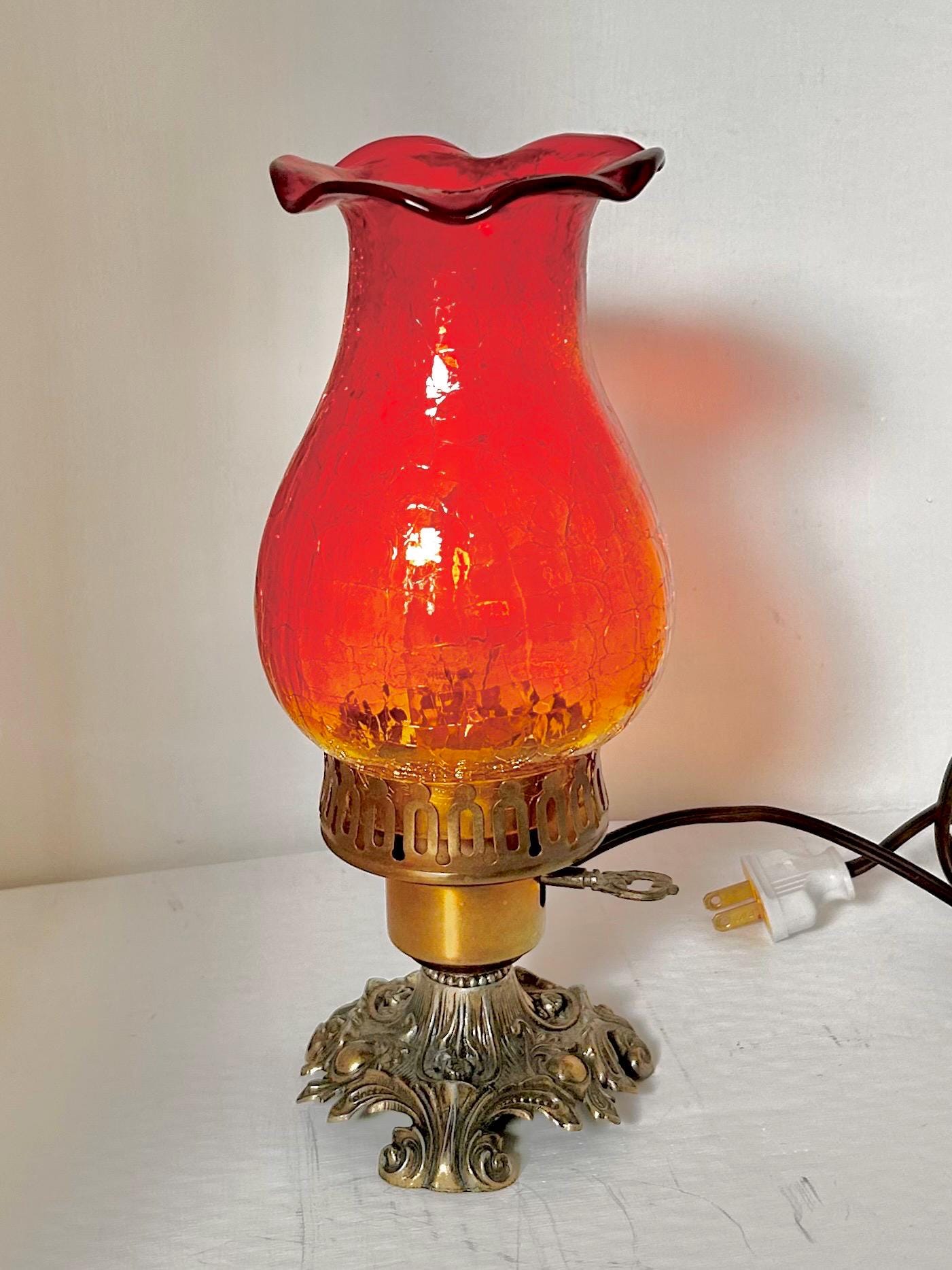 Vintage Amberina Crackle Glass Hurricane Lamp: Brass Base, Ruffled Shade