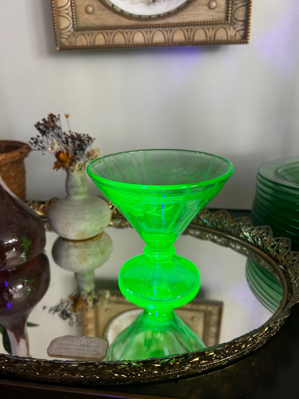 Vintage Uranium Green Heavy Pressed Glass Pedestal Sherbet Dish, Etched