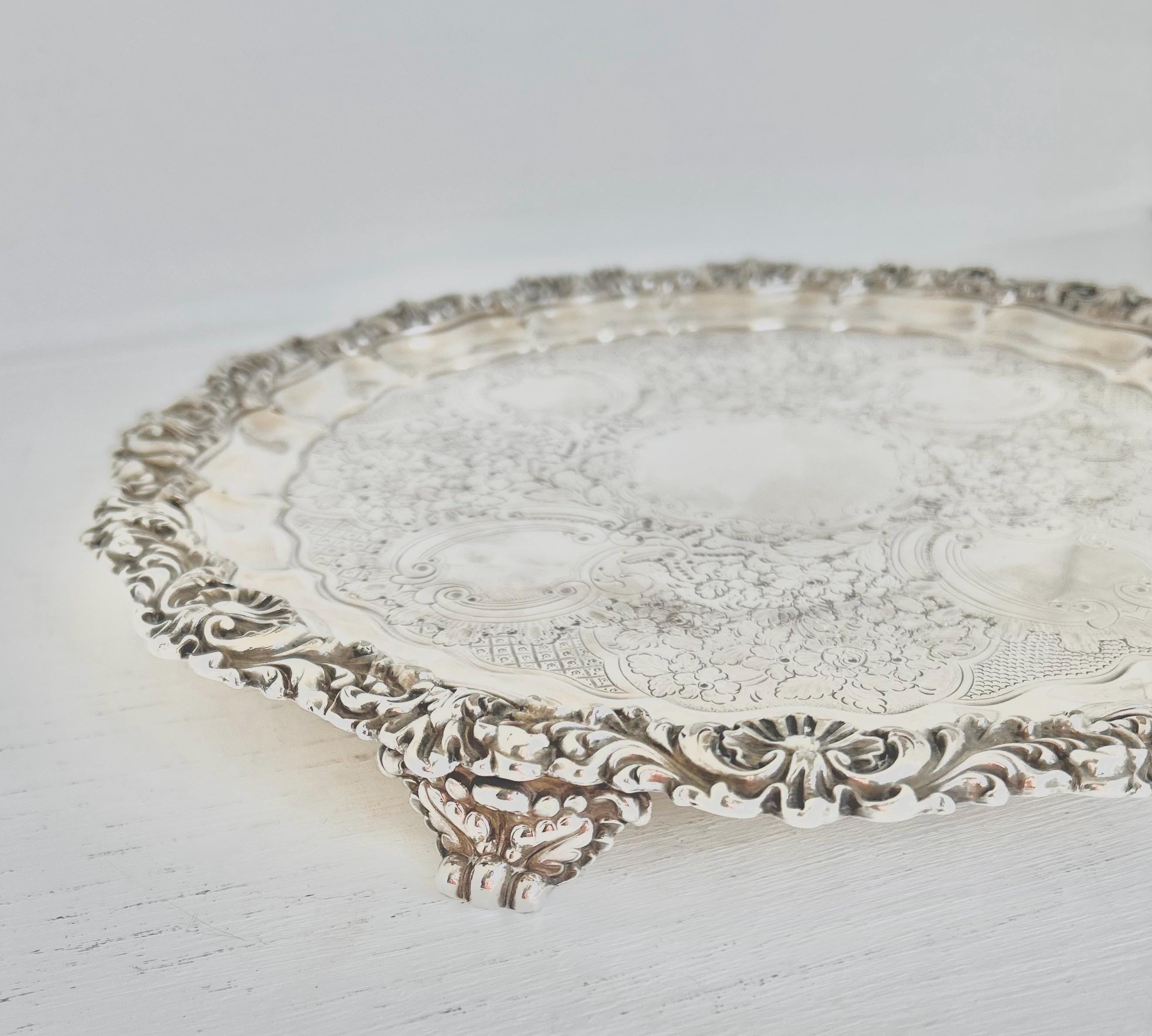 Vintage Silverplate Salver: Ornate Floral Etching, Footed Display Tray